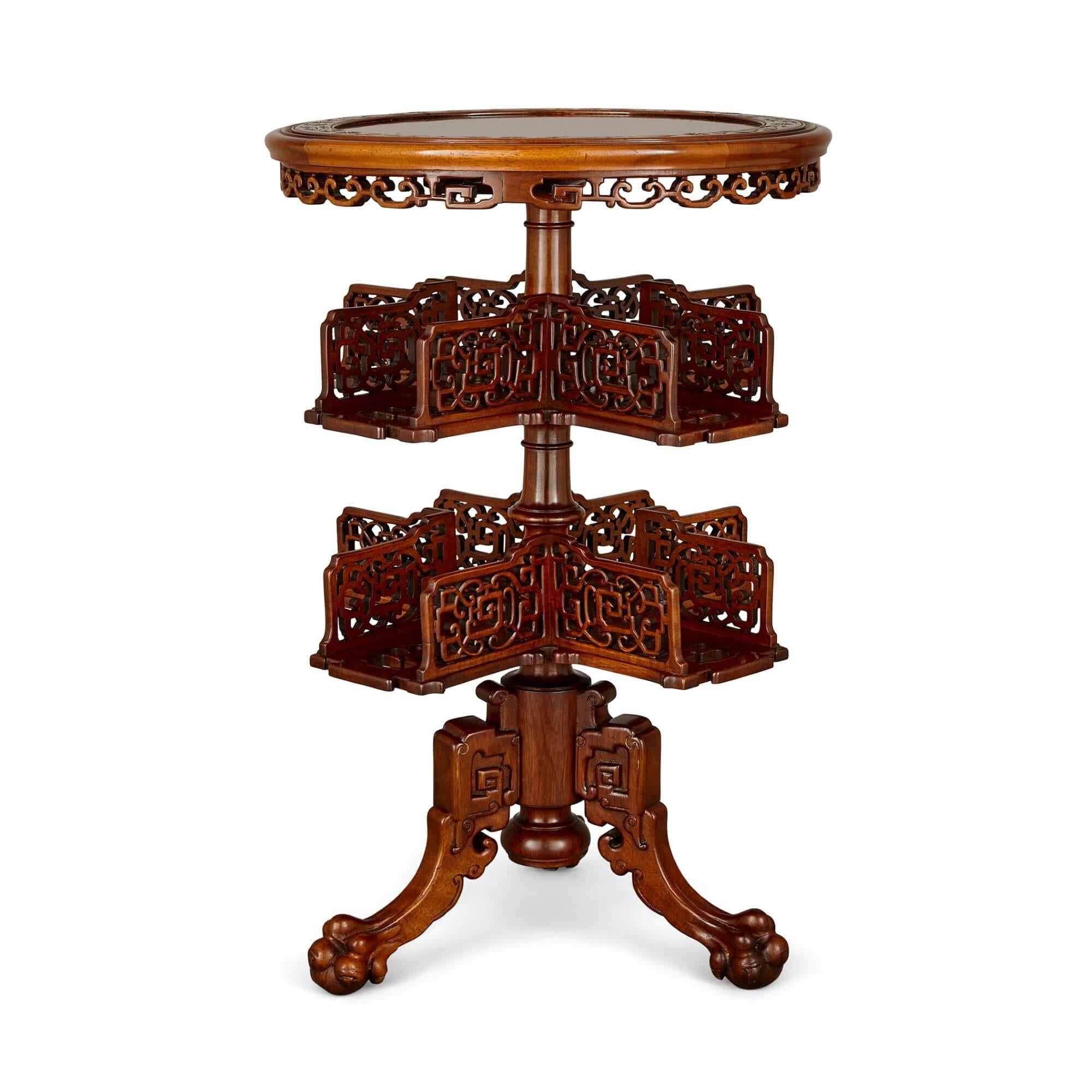Two round inlaid hardwood Chinese tables
Chinese, Early 20th Century
Height 77cm, diameter 51cm

The main body of these superb Chinese tables has been crafted from hardwood, and their tabletops are mounted with marble and wood. An intricate,