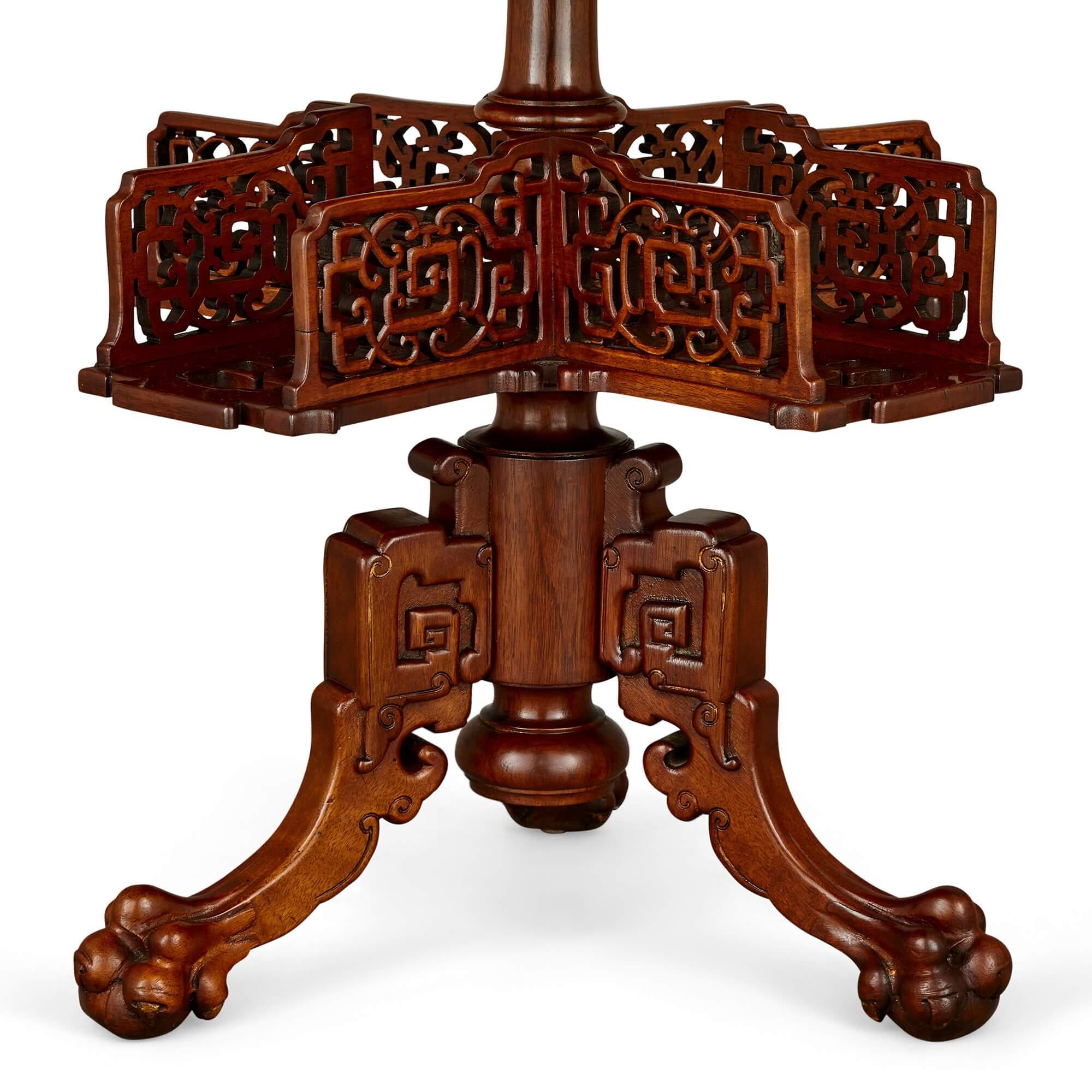 Carved Two Round Inlaid Hardwood Chinese Tables For Sale