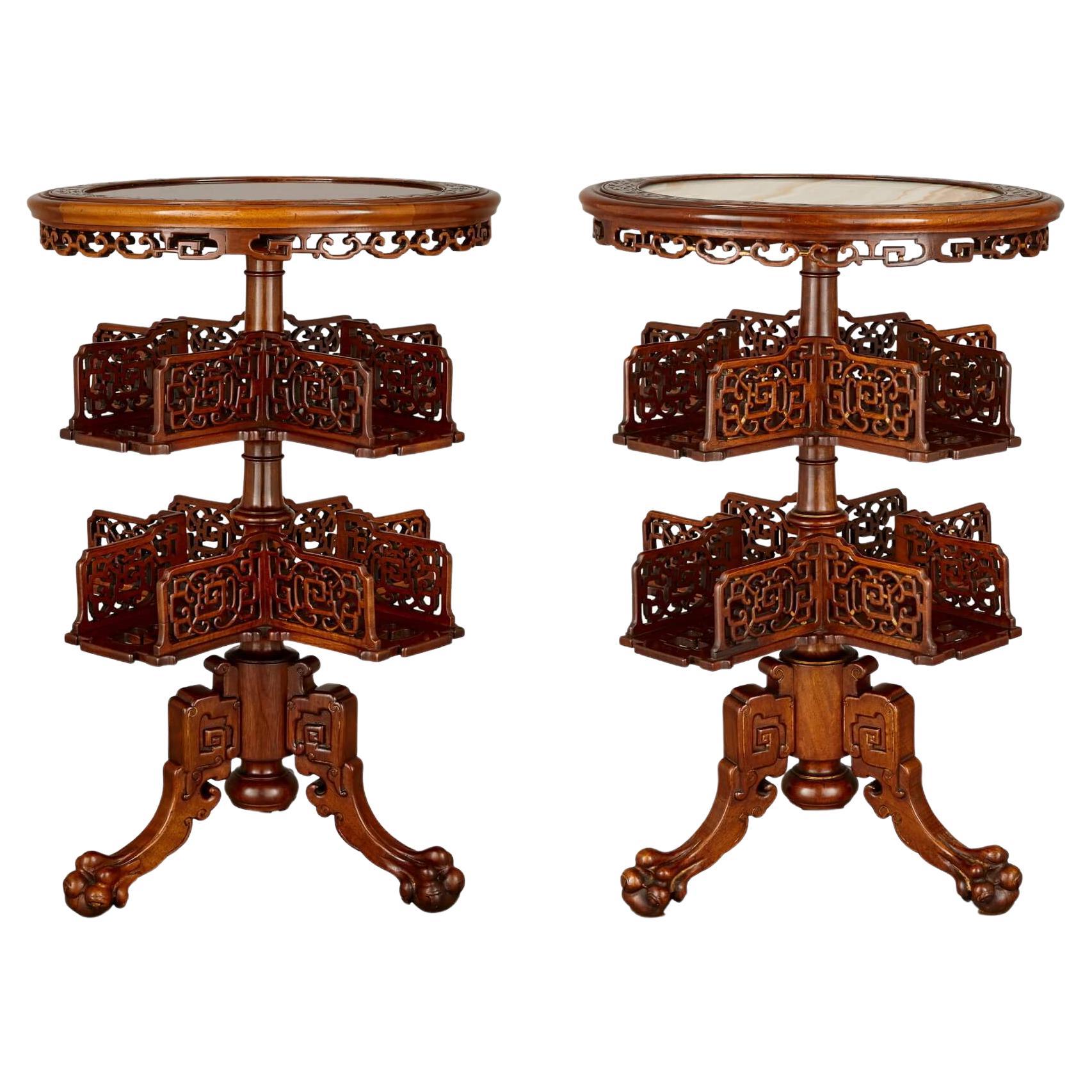 Deux tables chinoises rondes en bois de feuillus marqueté