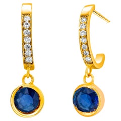 Pair Round Sapphires Diamond 1.80 Carat  0.90 Inch Yellow Gold Hoop Earrings