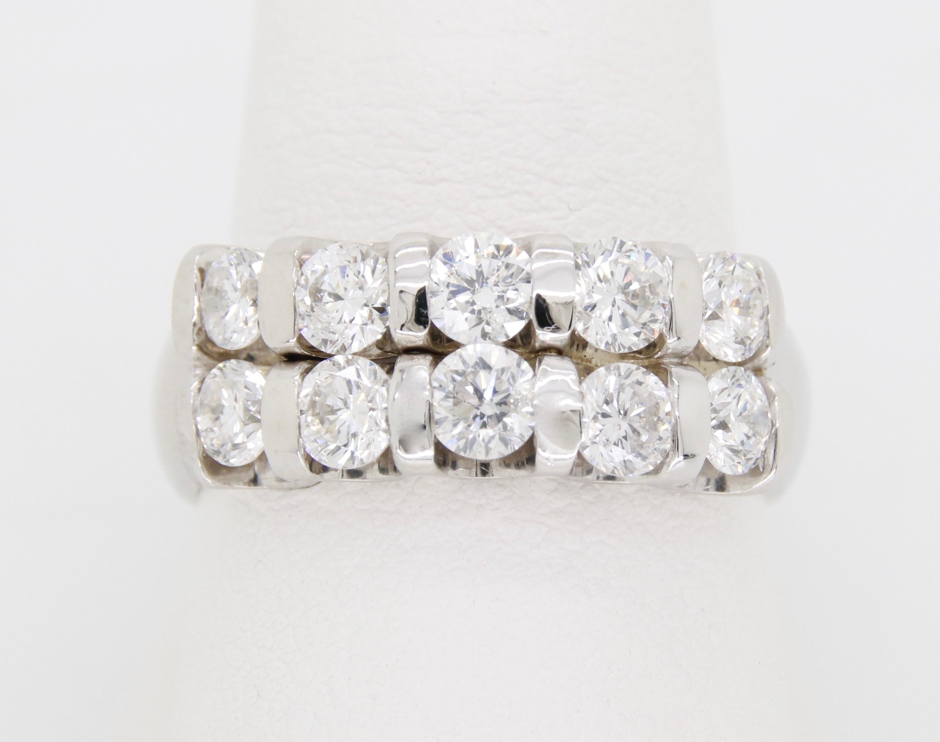 Two-row diamond band made with 2.00ctw of Round Brilliant cut diamonds. 

Diamond Cut: Round Brilliant 
Total Diamond Carat Weight: Approximately 2.00CTW
Average Diamond Color: G-J
Average Diamond Clarity: SI1-I1
Metal: 14k White Gold
Ring Size: 8.5