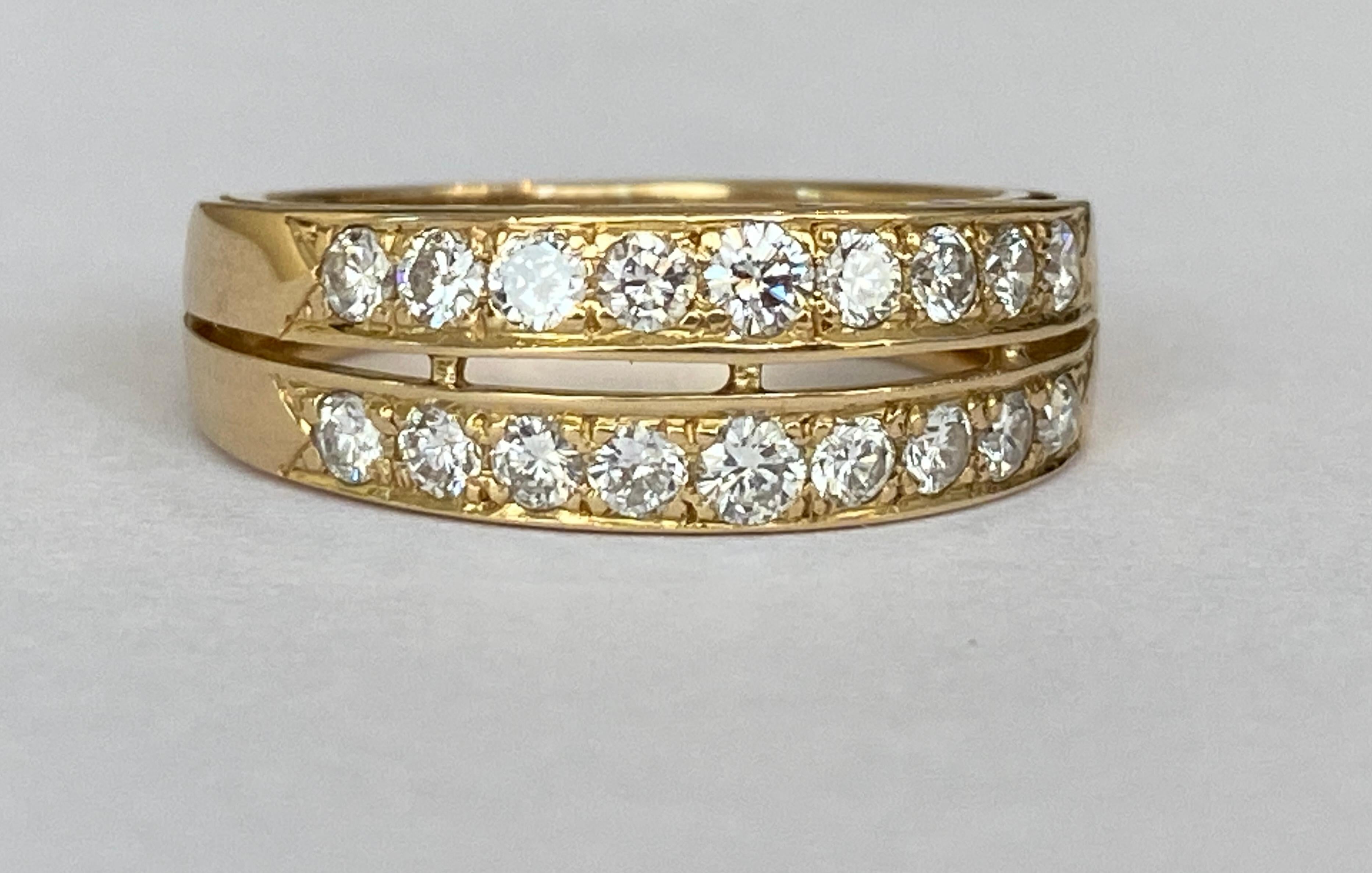 Offered in good condition, yellow 18 kt gold two row diamond ring on the front set with 18 brilliant cut diamonds of 1.00 ct of quality G/VS/SI.
Gold content: 18 kt (hallmarked)  750
18 brilliant cut diamonds: 1.00 ct G/VS/SI  
Weight: 6.2