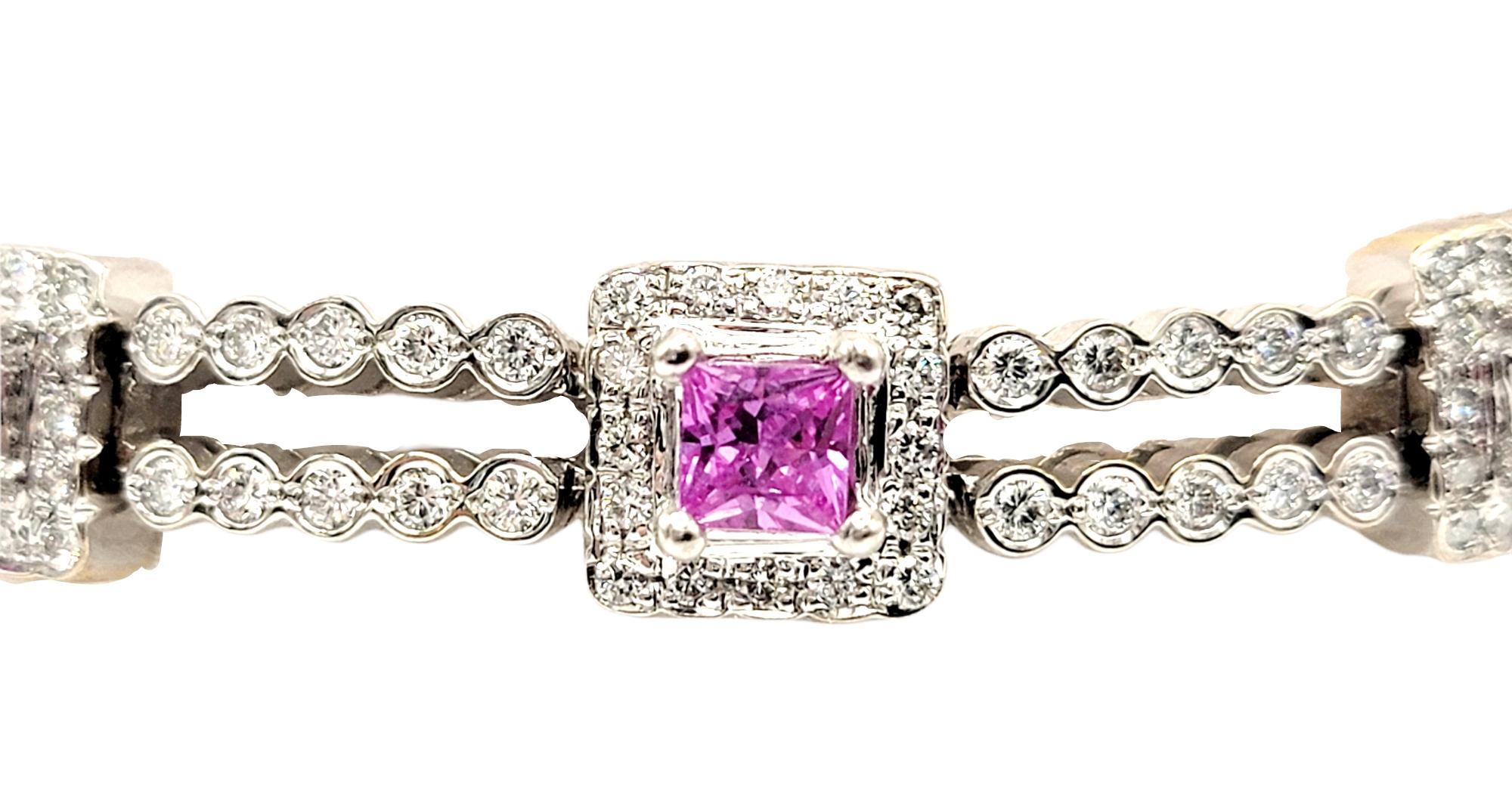 Diamond Line Bracelet with Princess Pink Sapphire Stations 18 Karat White Gold In Good Condition For Sale In Scottsdale, AZ