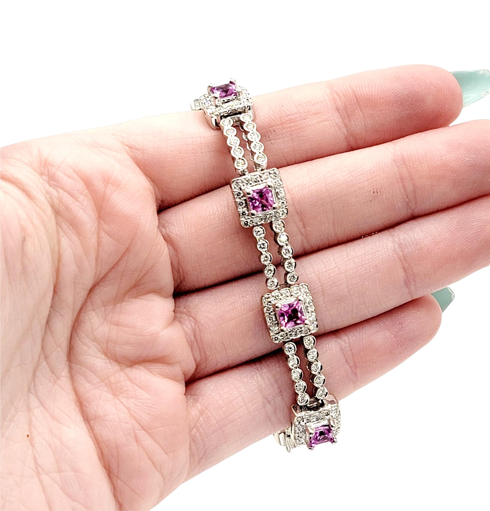 Women's Diamond Line Bracelet with Princess Pink Sapphire Stations 18 Karat White Gold For Sale