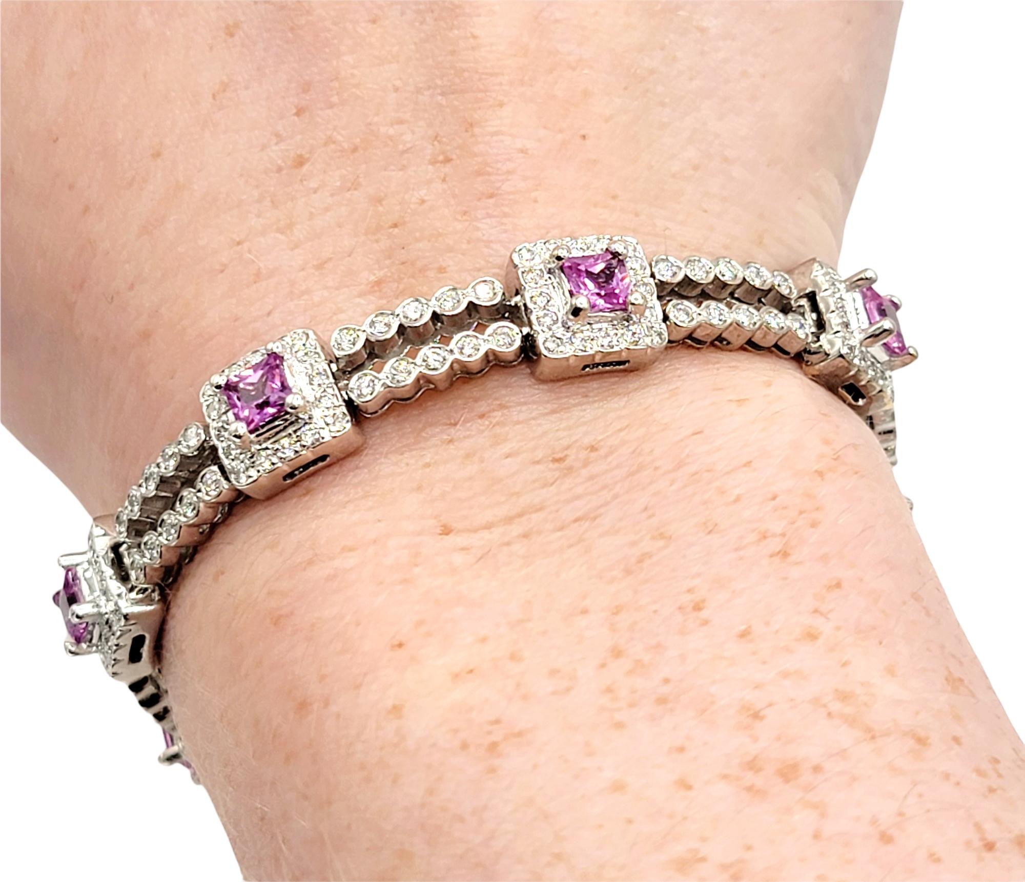 Diamond Line Bracelet with Princess Pink Sapphire Stations 18 Karat White Gold For Sale 1