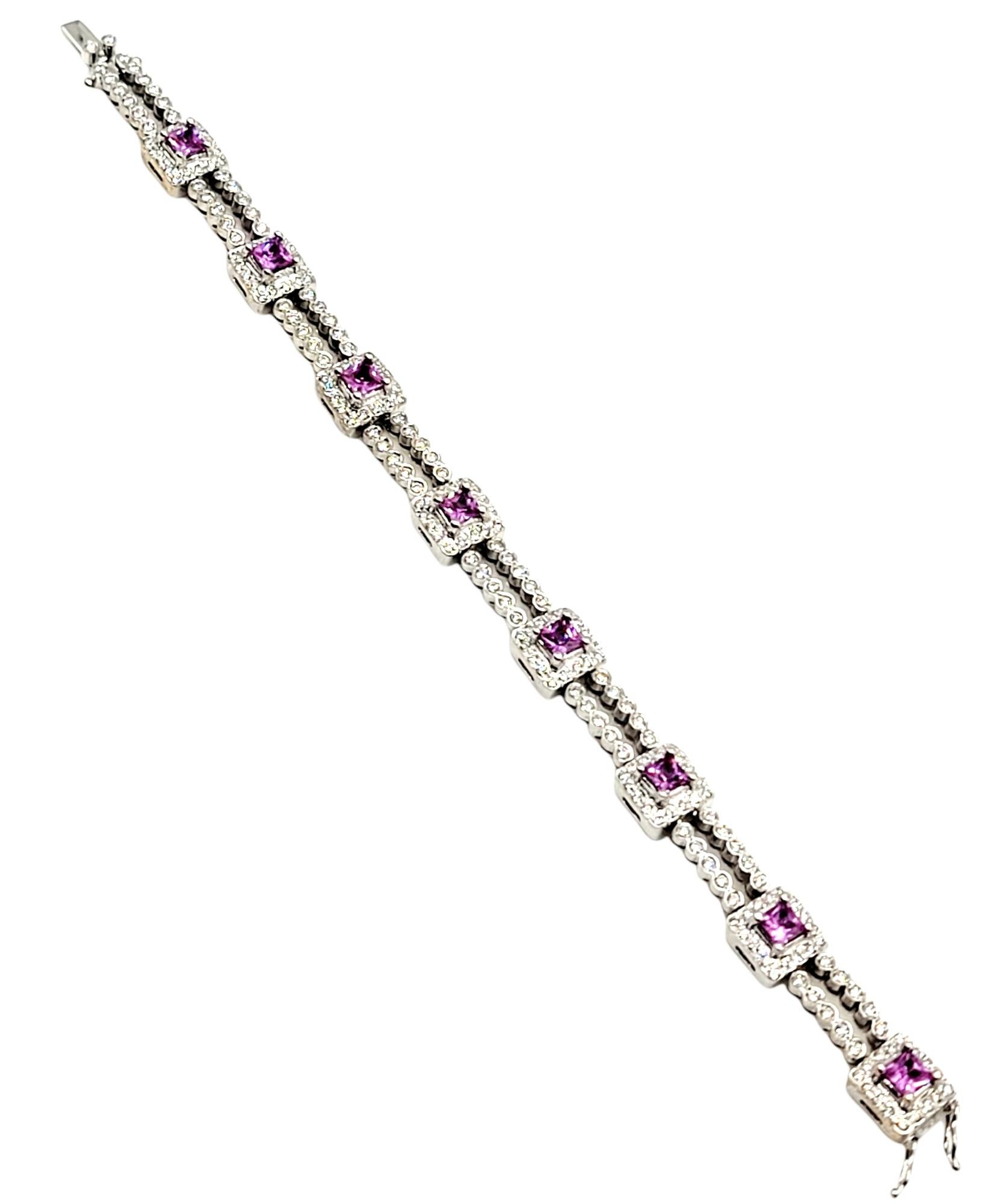 Diamond Line Bracelet with Princess Pink Sapphire Stations 18 Karat White Gold For Sale 2