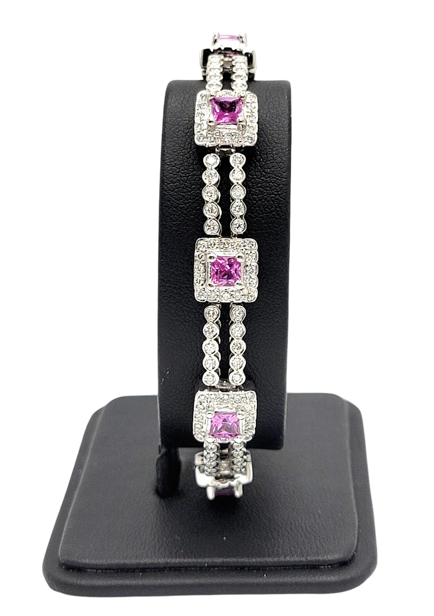 Contemporary Diamond Line Bracelet with Princess Pink Sapphire Stations 18 Karat White Gold For Sale