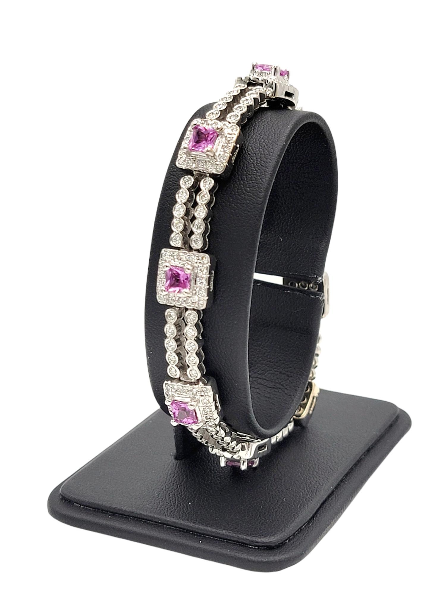 Princess Cut Diamond Line Bracelet with Princess Pink Sapphire Stations 18 Karat White Gold For Sale