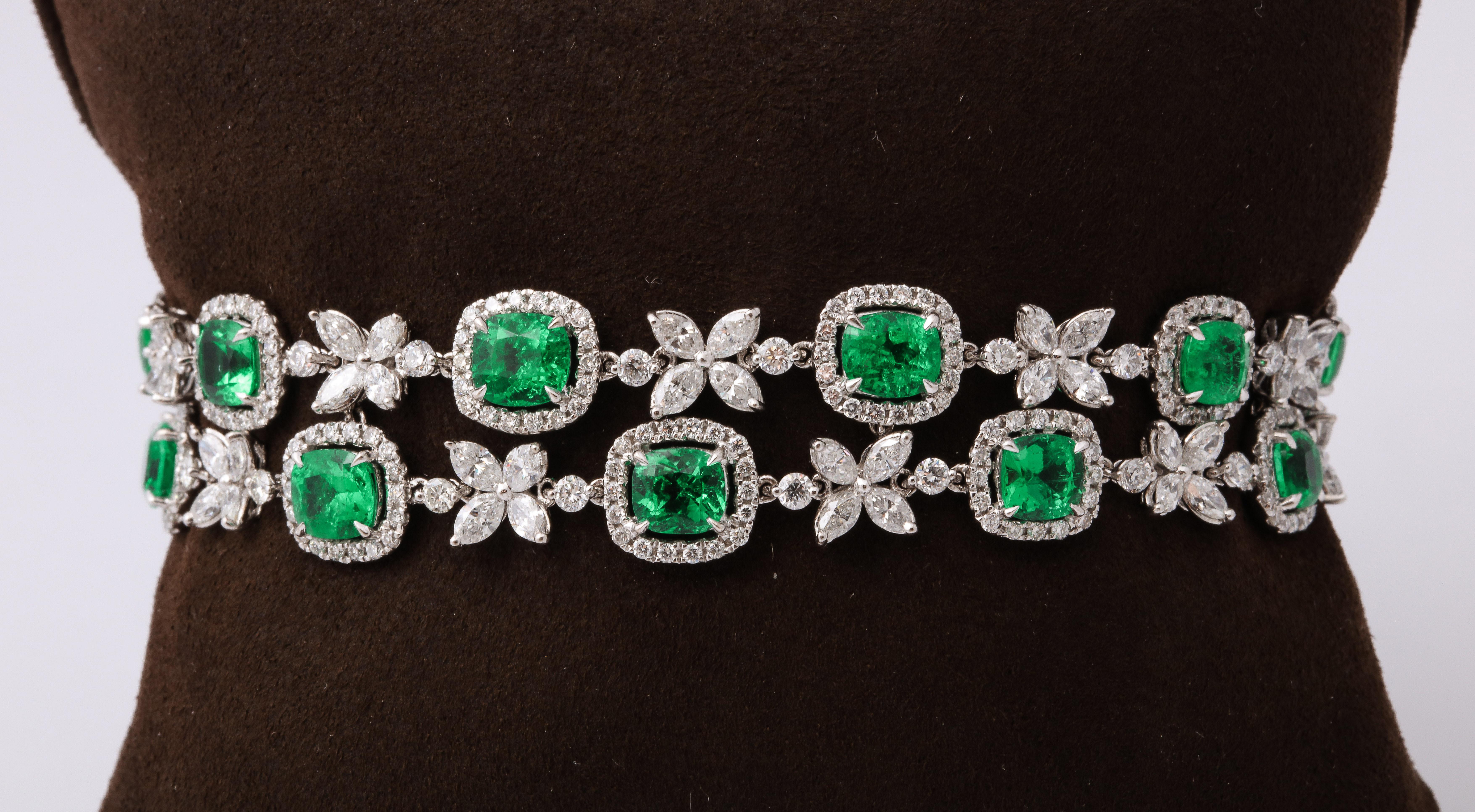 Cushion Cut Two Row Emerald and Diamond Bracelet