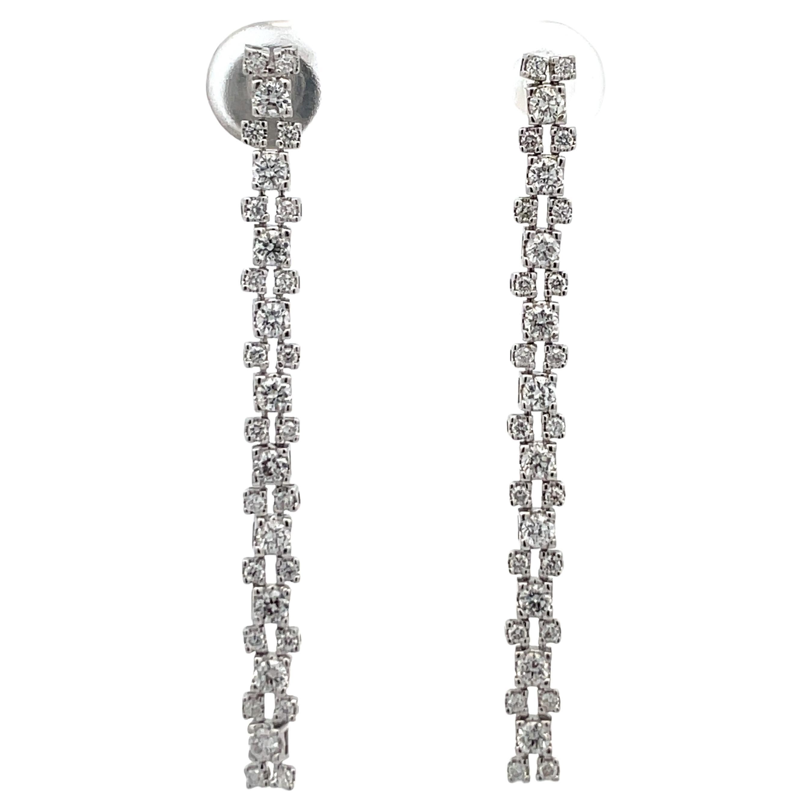 Two Row Long Diamond Dangle Drop Earrings 1.05 Carats 18 Karat White Gold  For Sale