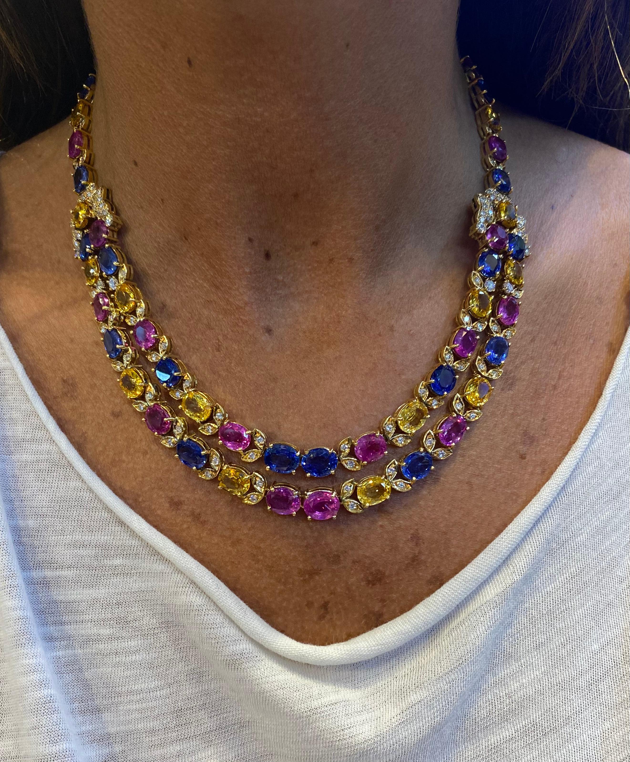 Two Row Multicolor Sapphire Necklace In Excellent Condition For Sale In New York, NY