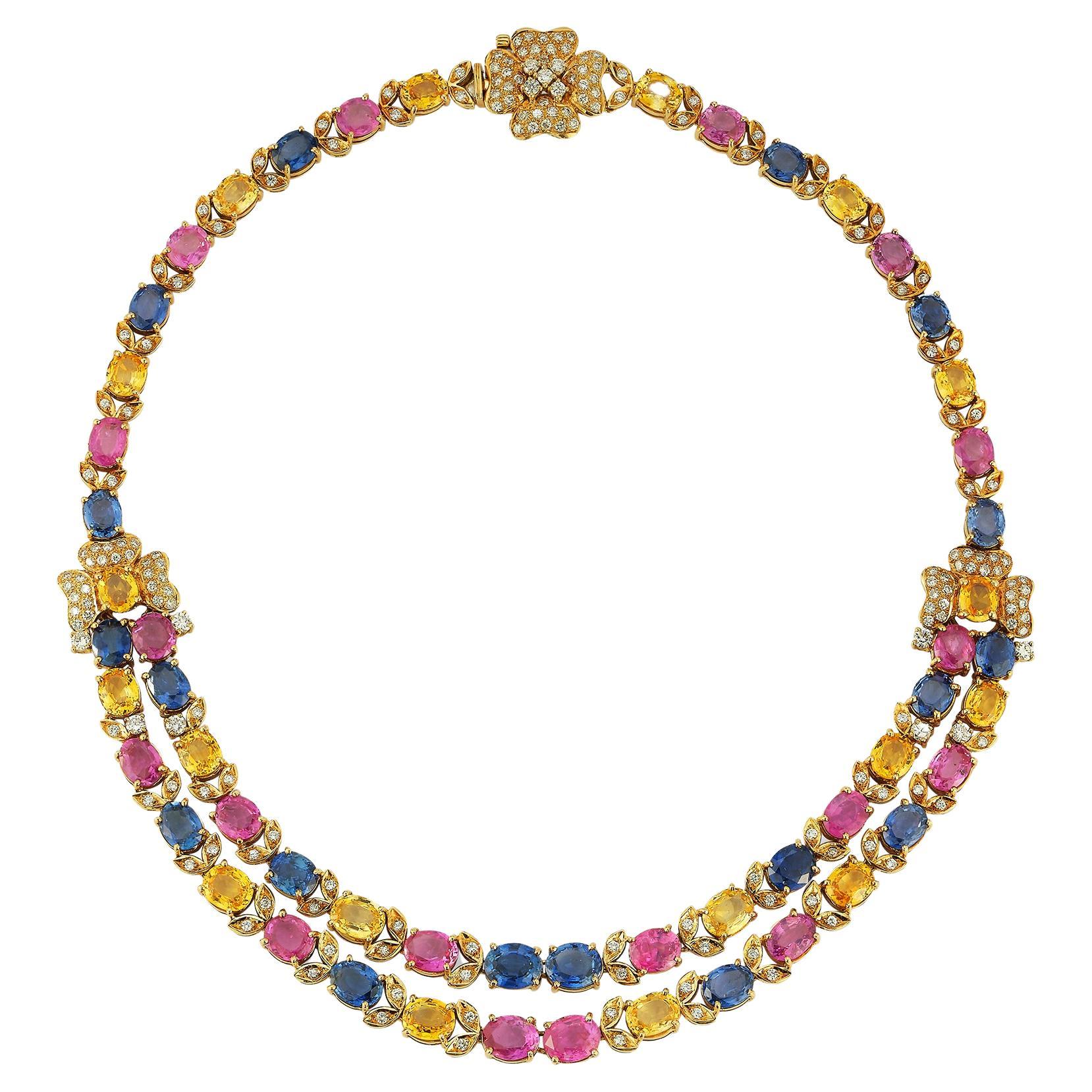 Two Row Multicolor Sapphire Necklace For Sale