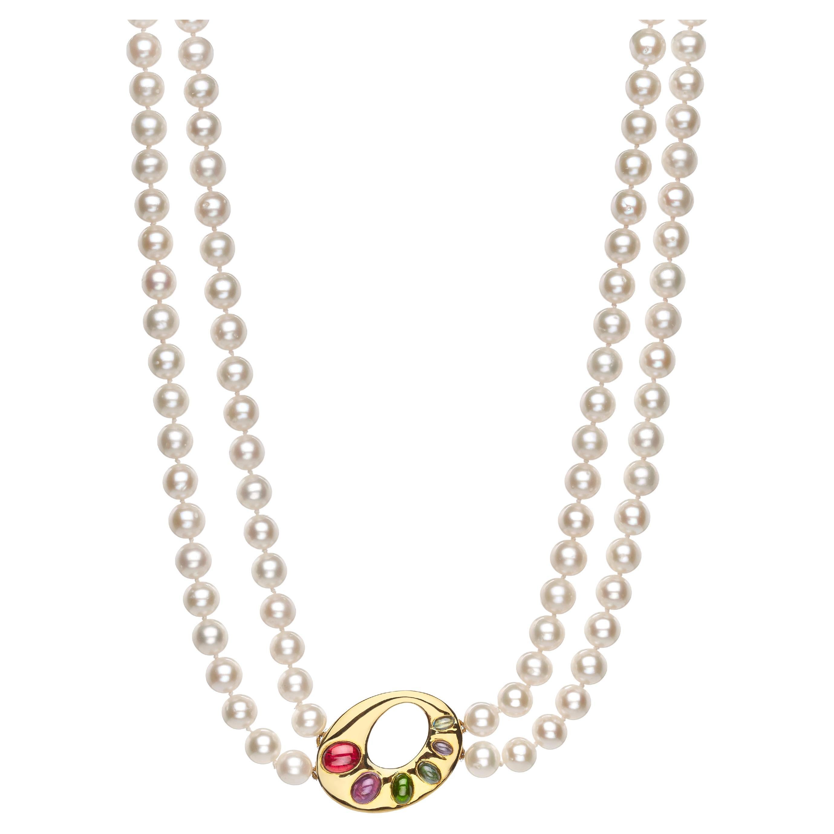 Collier de deux rangées de perles en or jaune 18 carats avec tourmalines colorées 