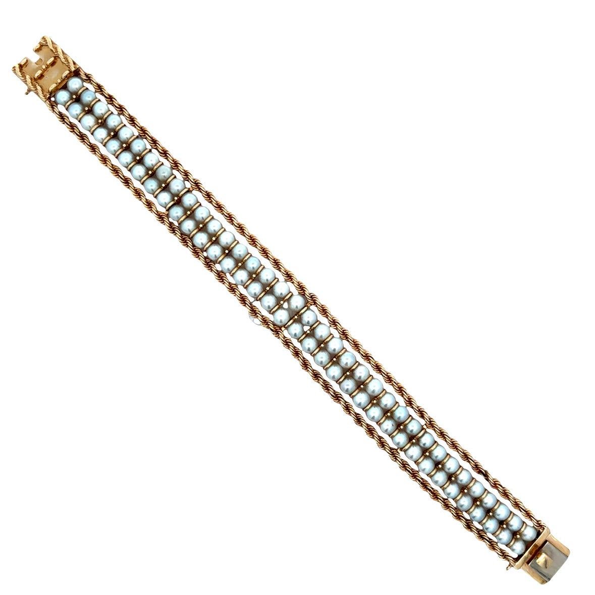 Two Row Pearl and Braided Gold Bracelet For Sale