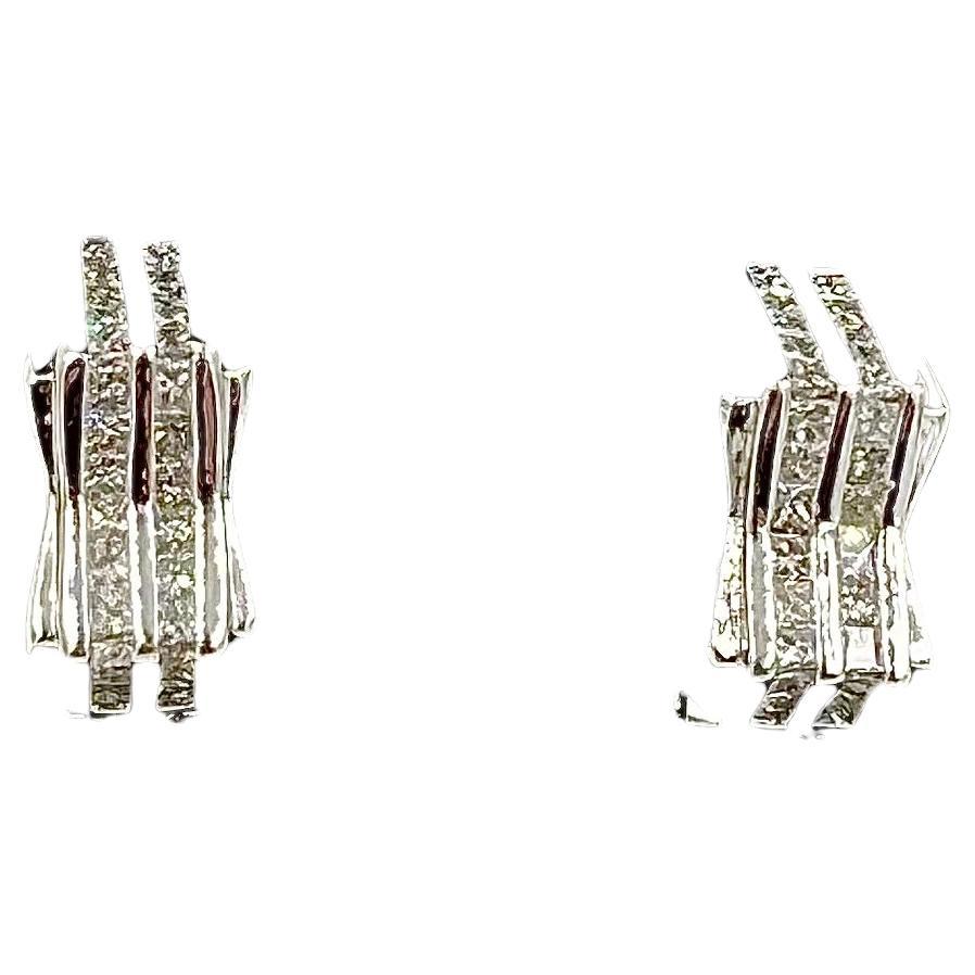 Two Row Princess Cut Diamond White Gold Earrings For Sale
