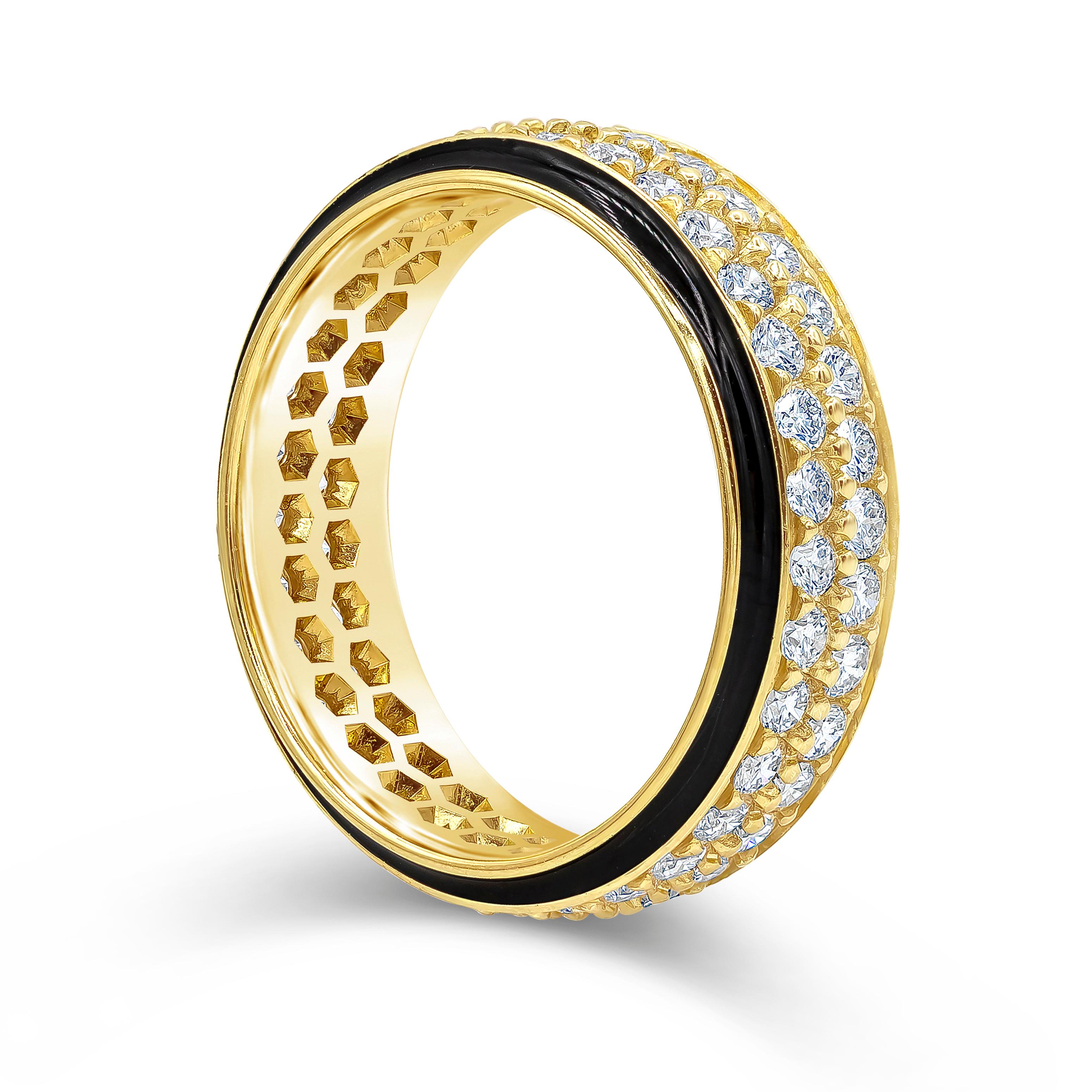 A fashionable and unique ring showcasing two rows of round brilliant diamonds, accented with two rows of black enamel. Diamonds weigh 1.53 carats total, G Color and VS in Clarity. Made with 18K Yellow Gold, Size 6.75 US.

Style available in