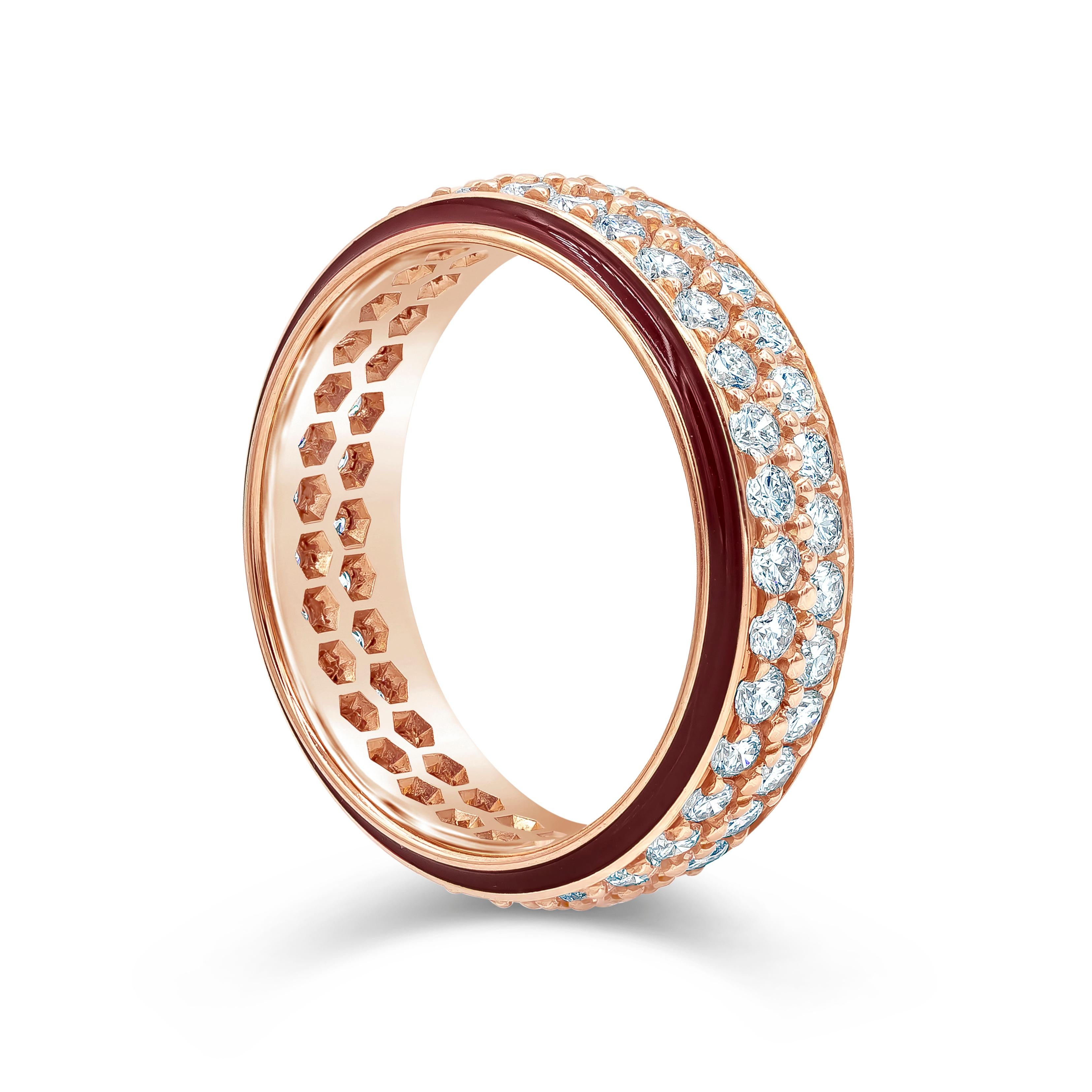 A fashionable and unique ring showcasing two rows of round brilliant diamonds, accented with two rows of red enamel. Diamonds weigh 1.53 carats total, G Color and VS in Clarity. Made with 18K Rose Gold, Size 6.75 US.

Style available in different