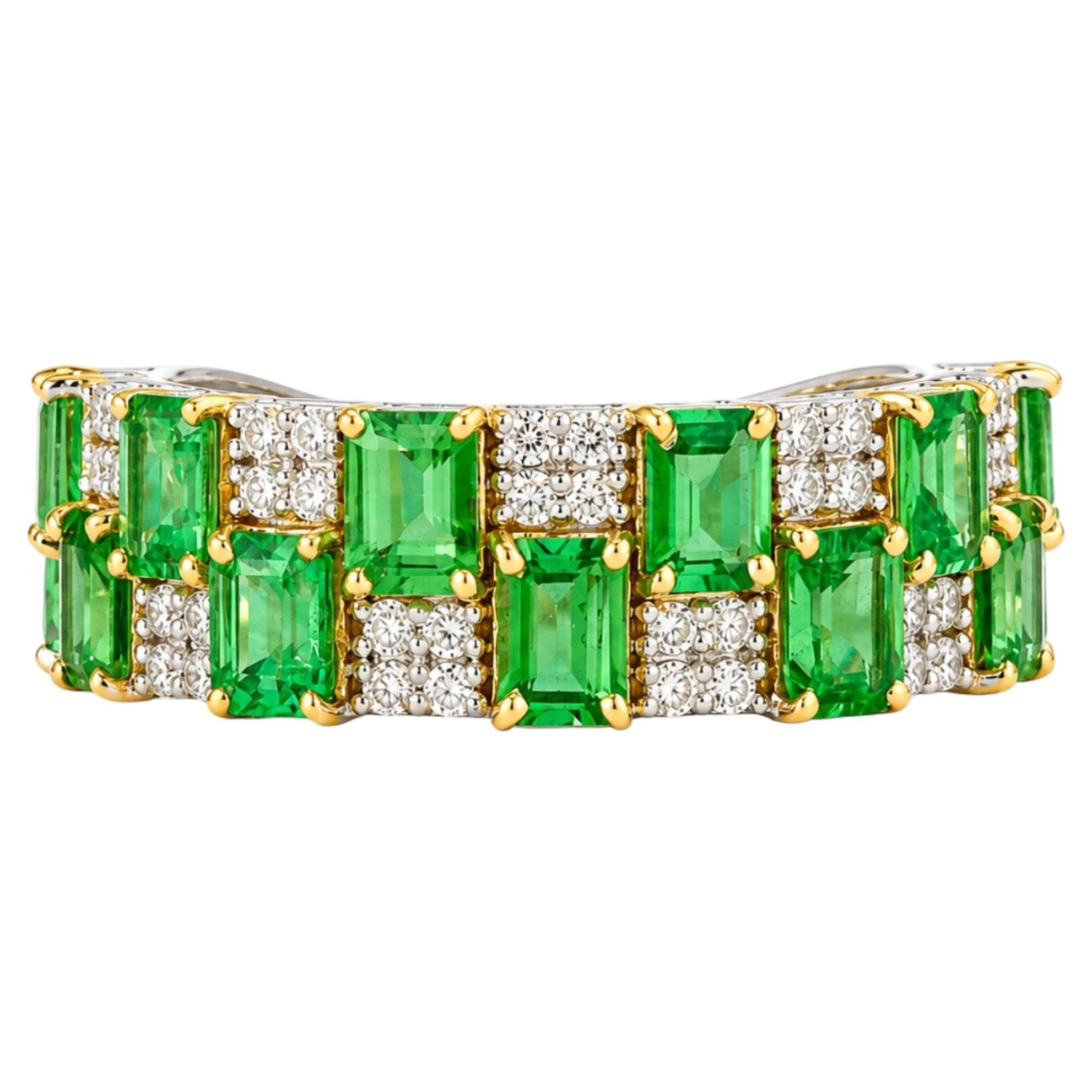 Anello con tsavorite e diamanti naturali su due file, in oro massiccio 14k (certificato) in vendita