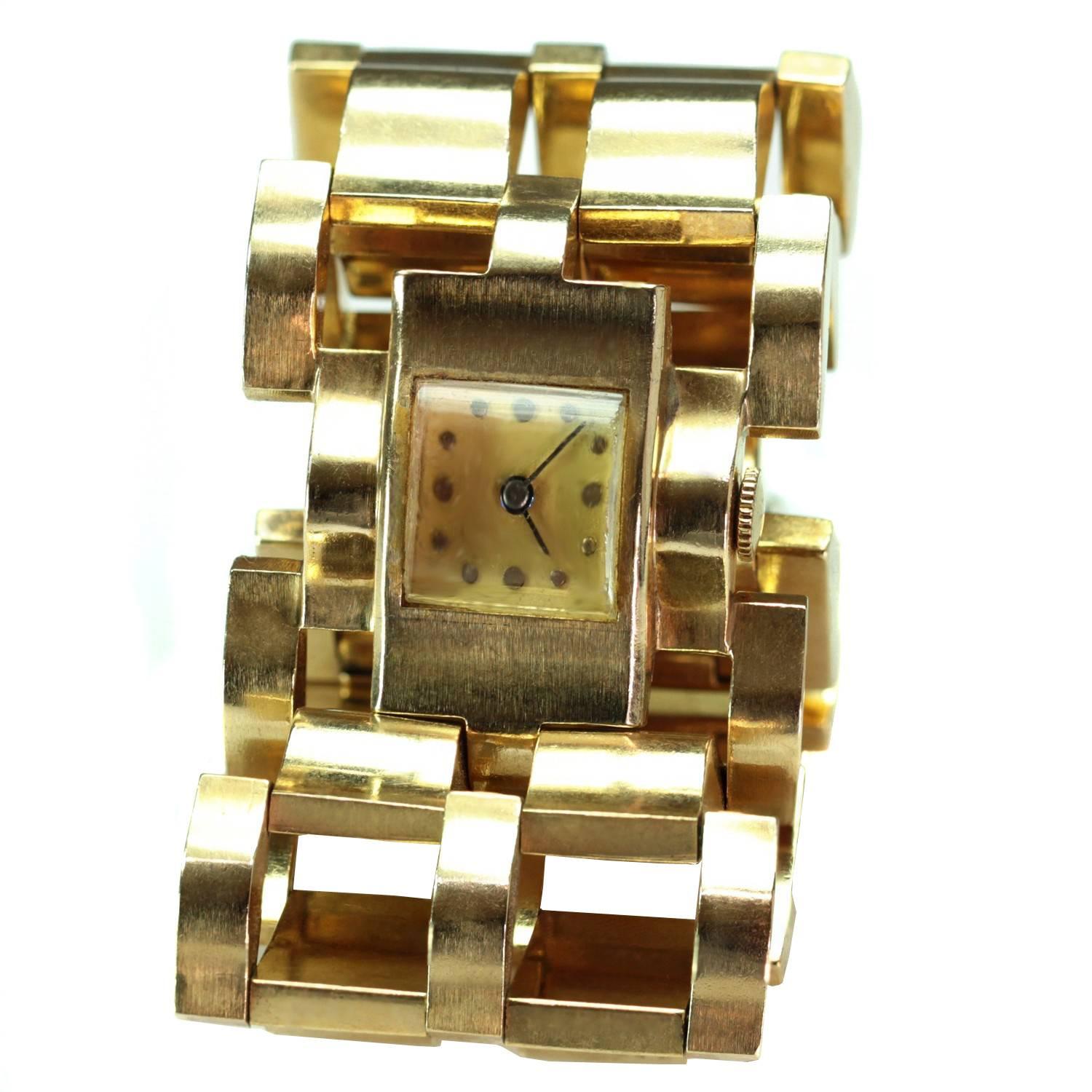 Ladies Yellow Gold Two-Row Bracelet Wristwatch, circa 1940s