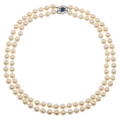 Two Rows of Pearl Sapphire Diamonds 18 Carat White Gold Necklace