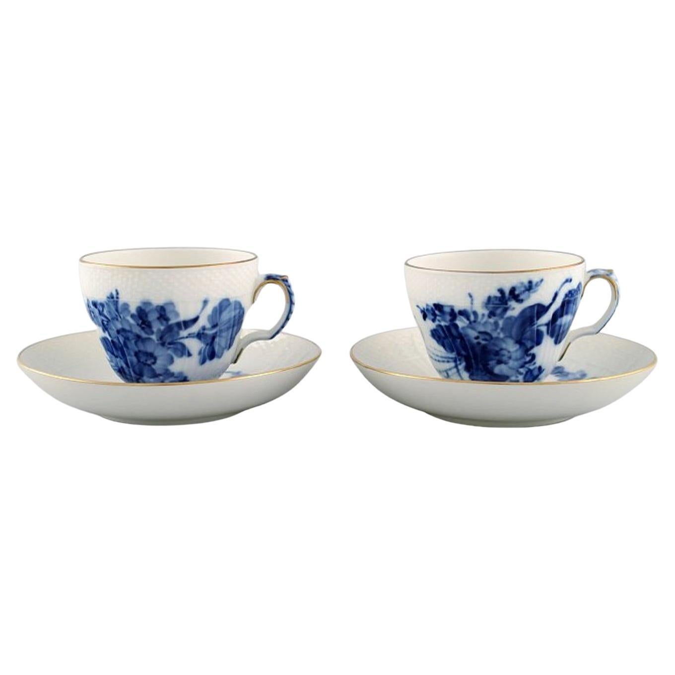 Two Royal Copenhagen Blue Flower Curved Coffee Cups with Saucers with Gold Edge
