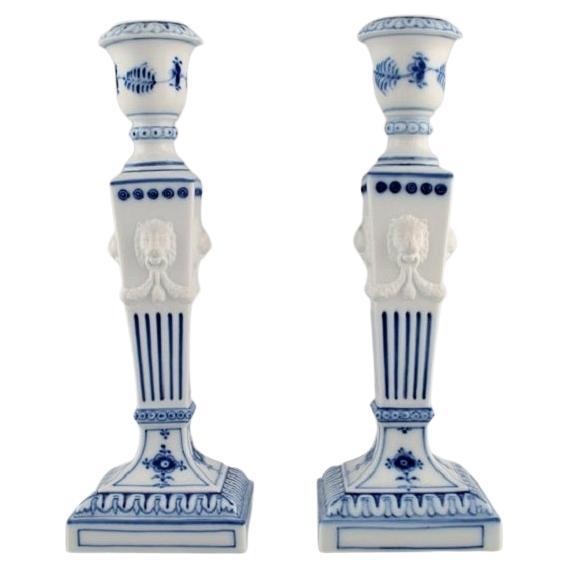 Two Royal Copenhagen Blue Fluted Plain Candlesticks with Lion Heads For Sale