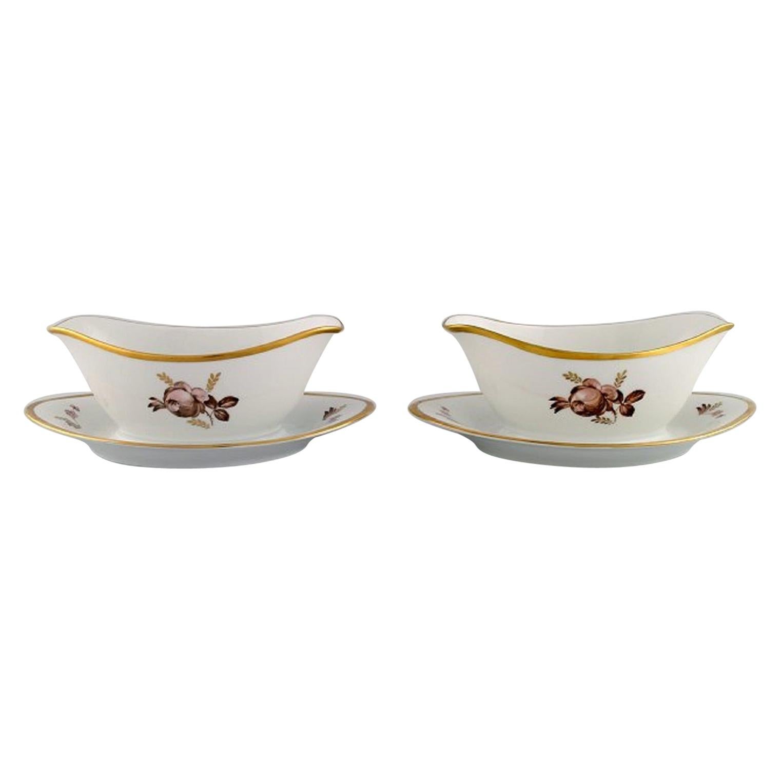 Two Royal Copenhagen Brown Rose Sauce Boats, 1960s