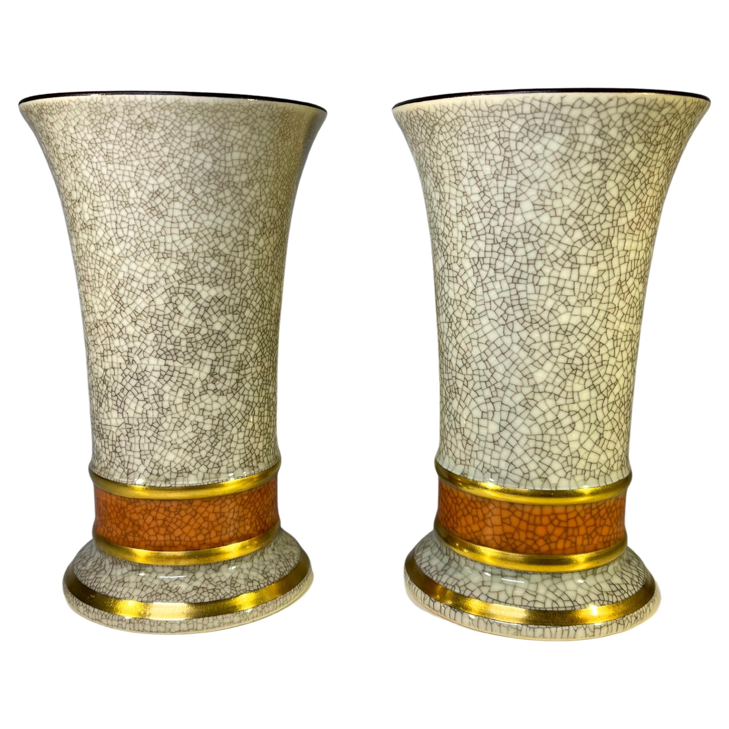 Two Royal Copenhagen, Grey Craquelé Vases with Terracotta and Gilded Bands #3462