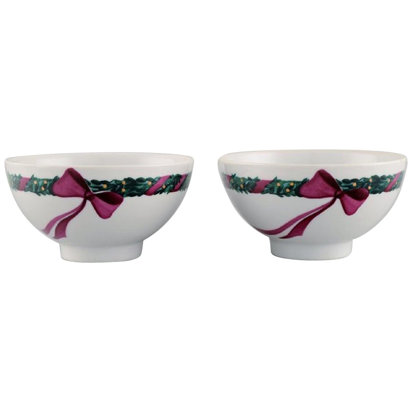 Two Royal Copenhagen Jingle Bells Bowls Decorated with Spruce and Ribbon For Sale