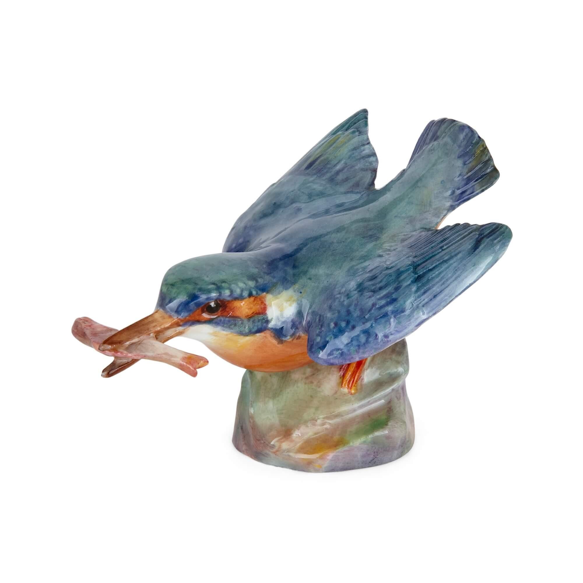 English Two Royal Worcester Porcelain Bird Models of a Kingfisher and a Thrush For Sale
