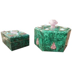 Two Russian Malachite Decorative Boxes Inlayed with Semiprecious Stones