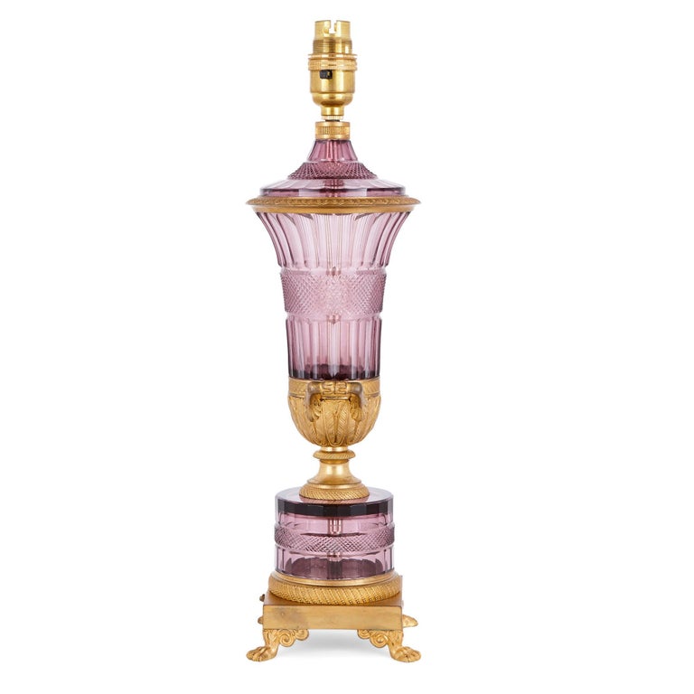20th Century Two Russian Purple Cut Glass and Gilt Bronze Lamps For Sale