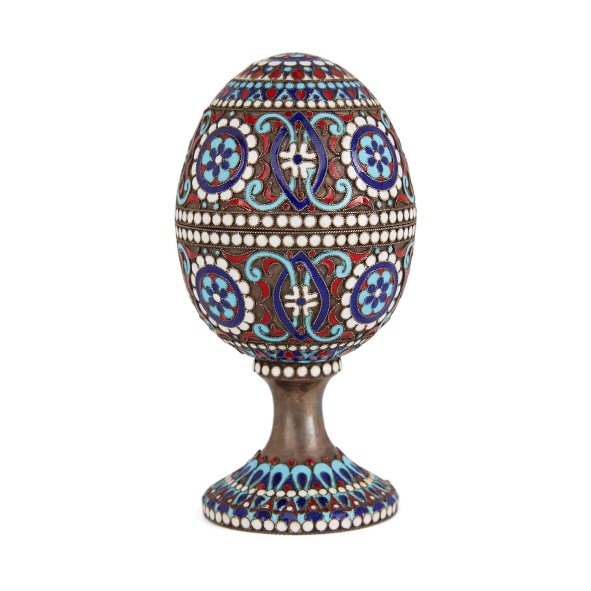 20th Century Two Russian Silver Gilt and Cloisonné Enamel Easter Eggs on Stands For Sale