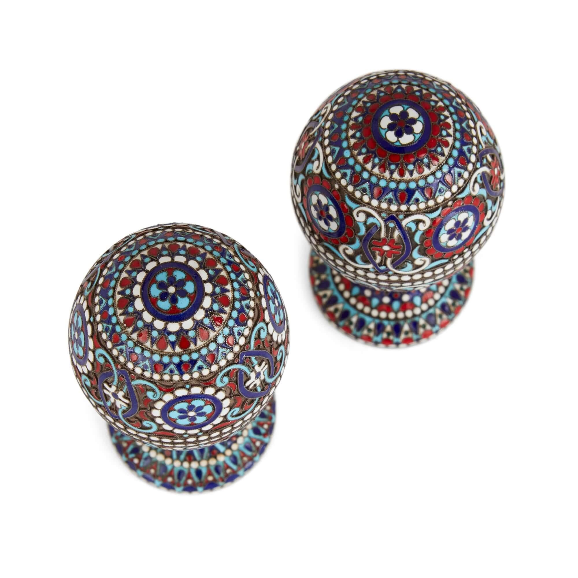 Two Russian Silver Gilt and Cloisonné Enamel Easter Eggs on Stands For Sale 1