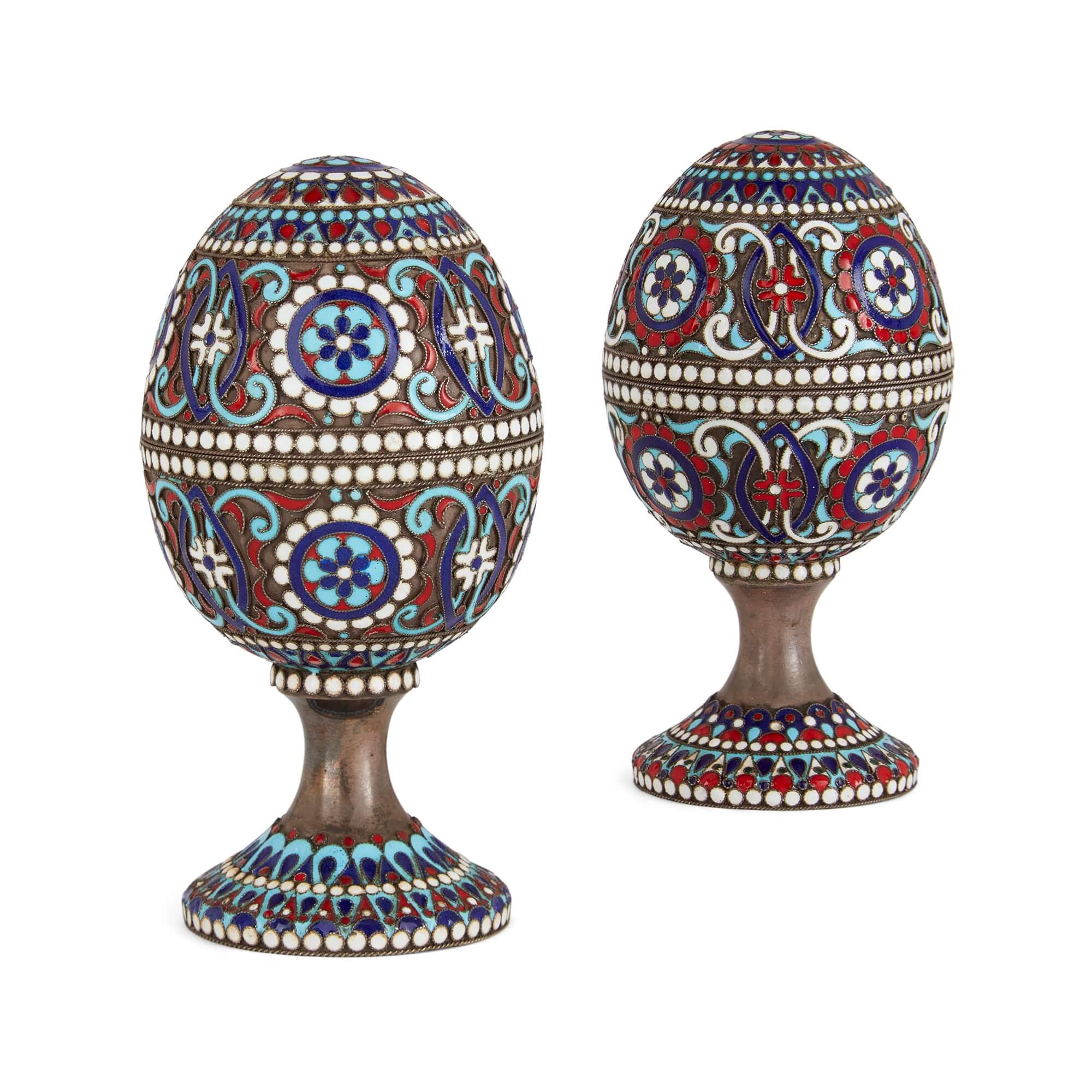 Two Russian Silver Gilt and Cloisonné Enamel Easter Eggs on Stands For Sale