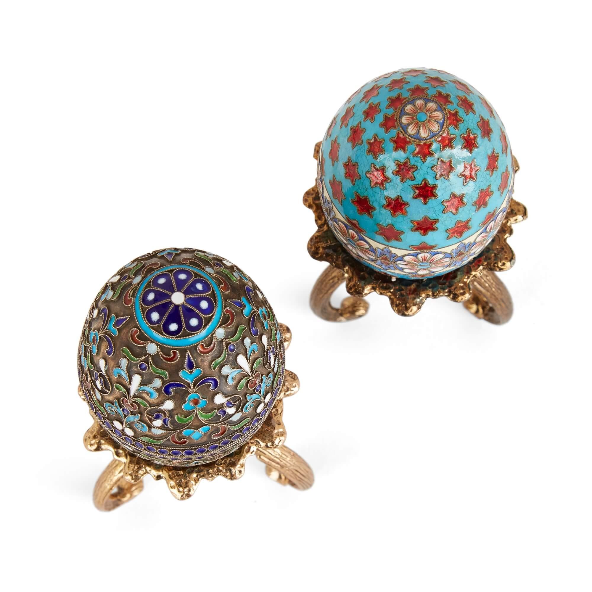 20th Century Two Russian Silver Gilt and Cloisonné Enamel Eggs on Stands  For Sale
