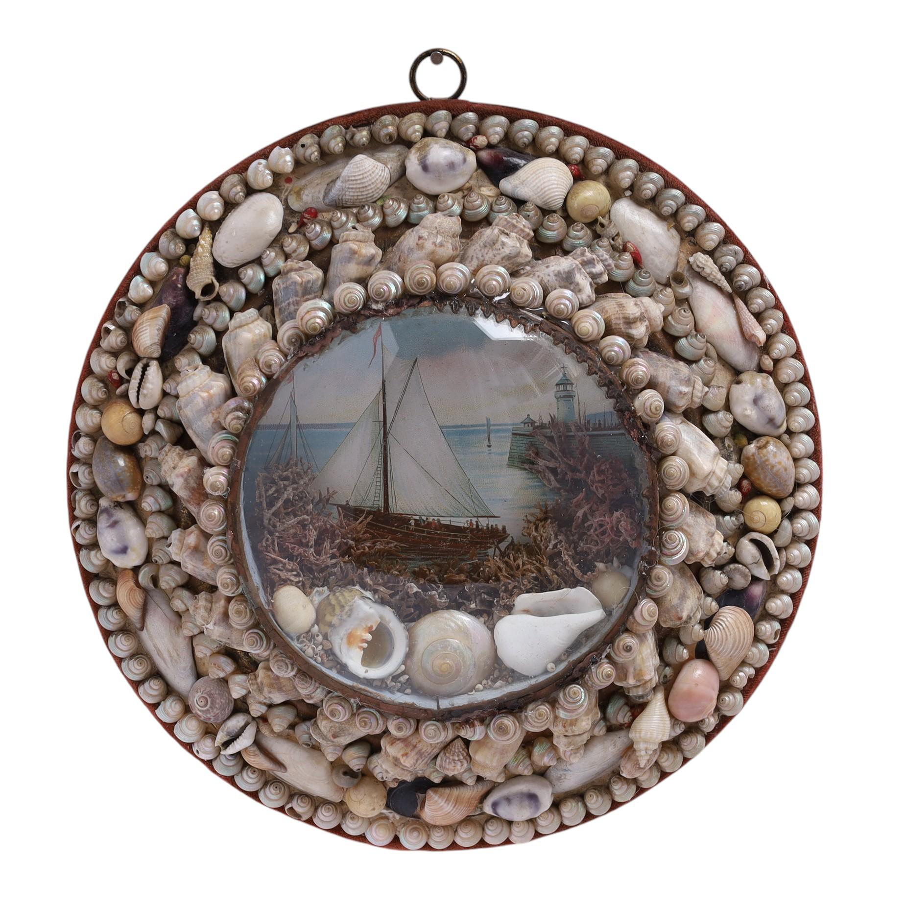 Charming 19th century round Sailors Valentines ambitiously handcrafted with exotic seashells around images of sailing ships or schooners as seen through a convex glass lens. 