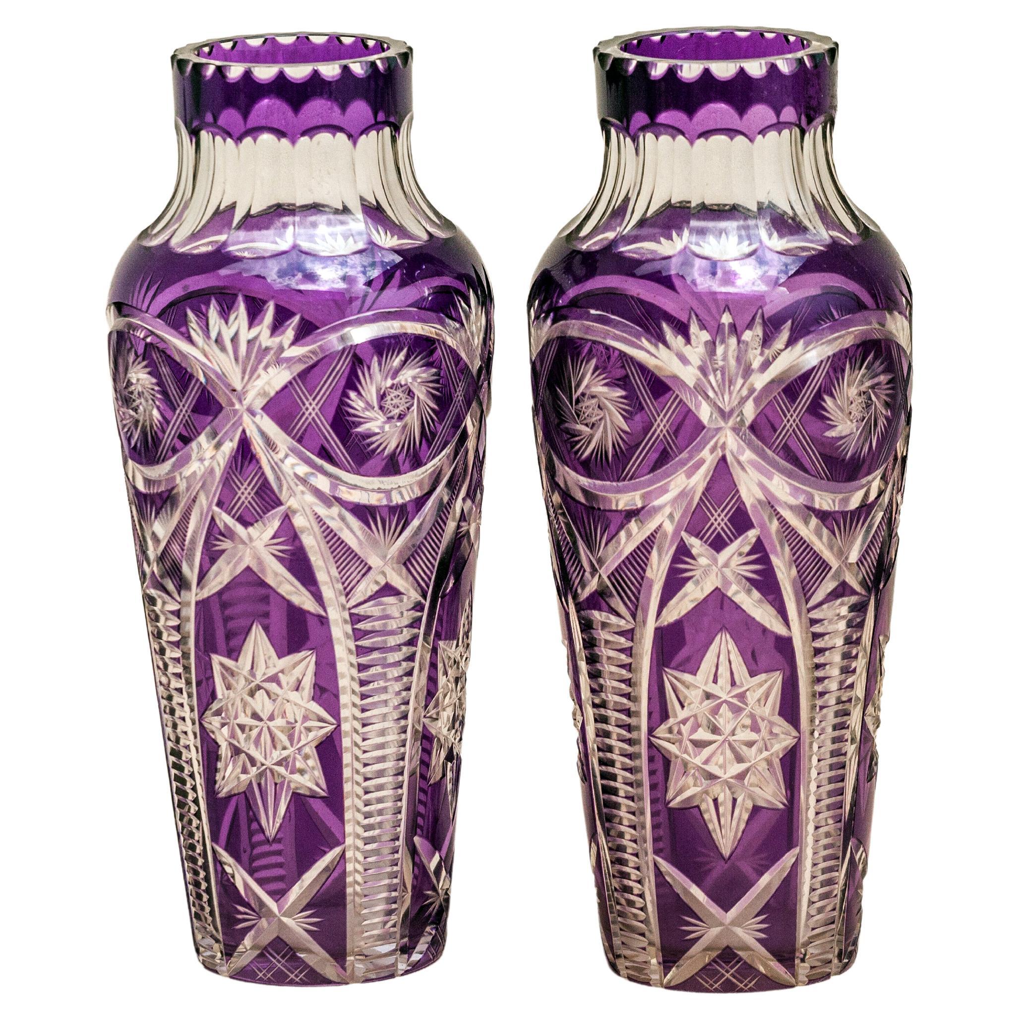Two Saint Louis, Amethyst Overlay Cut Crystal Vase For Sale