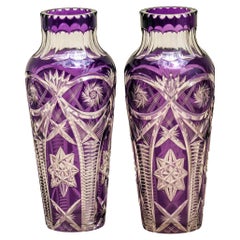 Vintage Two Saint Louis, Amethyst Overlay Cut Crystal Vase