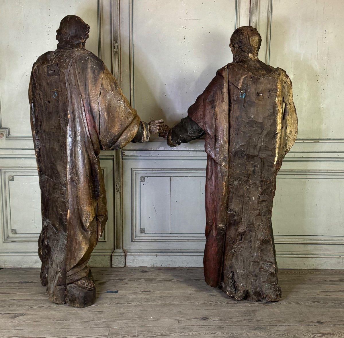 Two Saints In Polychrome Wood, Portugal, 17th Century, human-sized In Good Condition For Sale In Honnelles, WHT