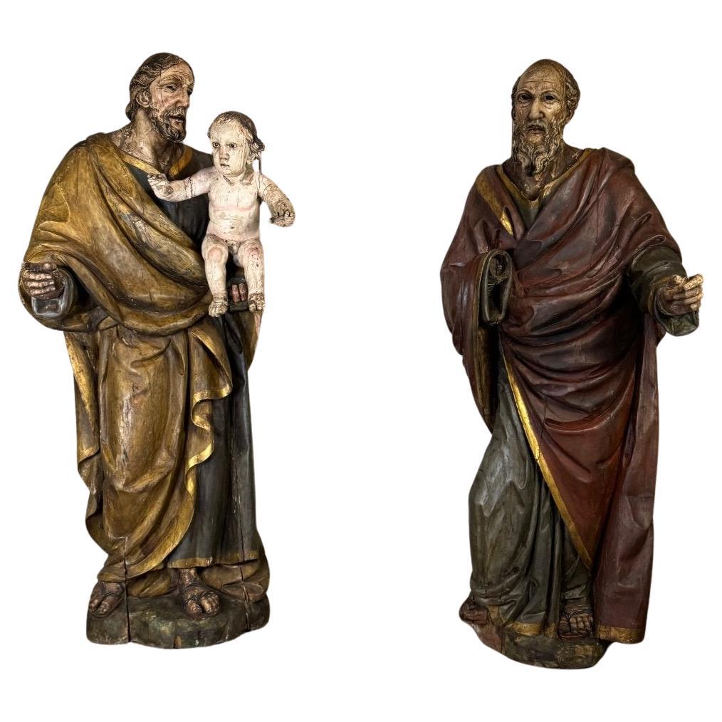 Deux saints en bois polychrome, Portugal, XVIIe siècle, taille humaine en vente