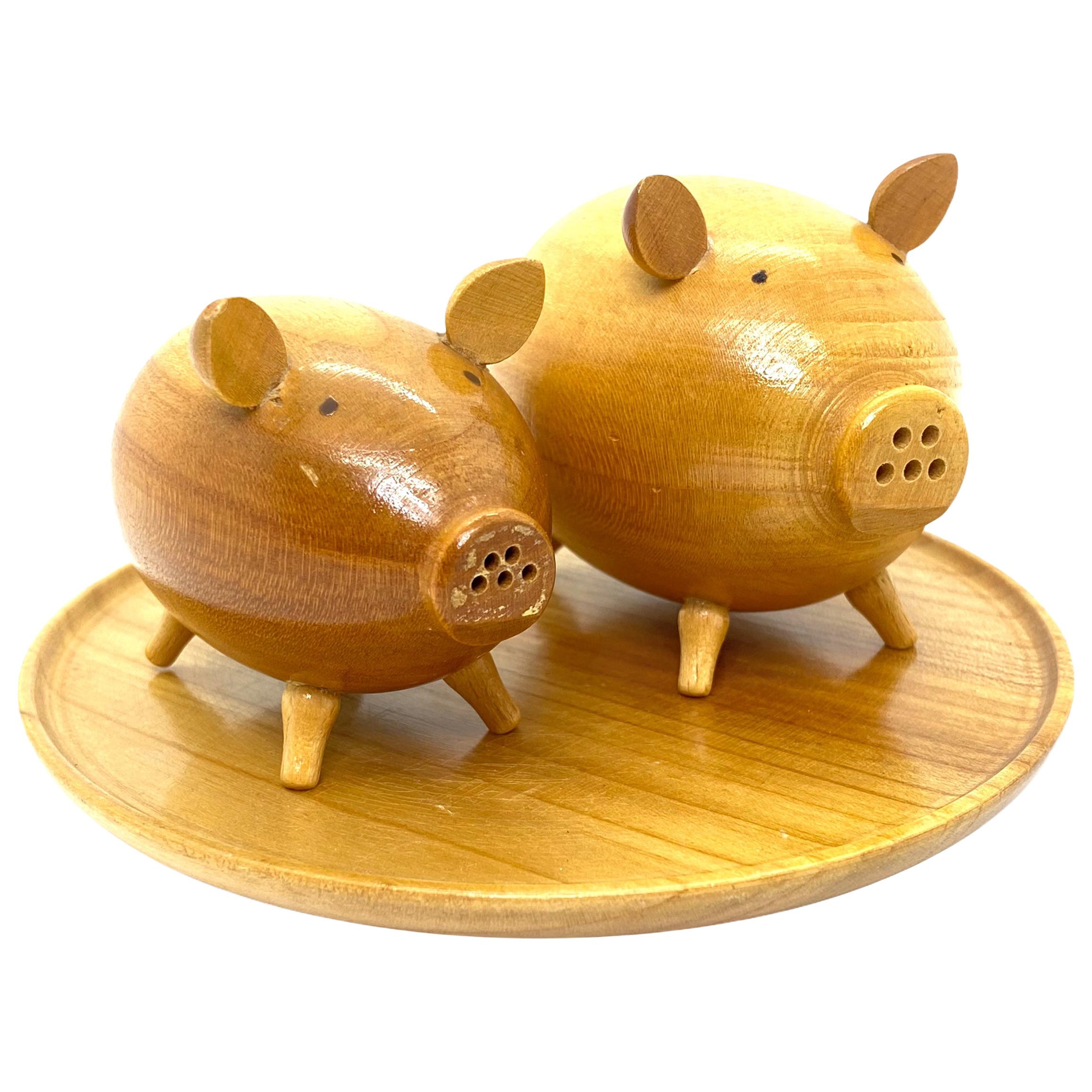 Two Salt and Paper Shaker Pigs on Tray, Wood Danish Design, 1960s