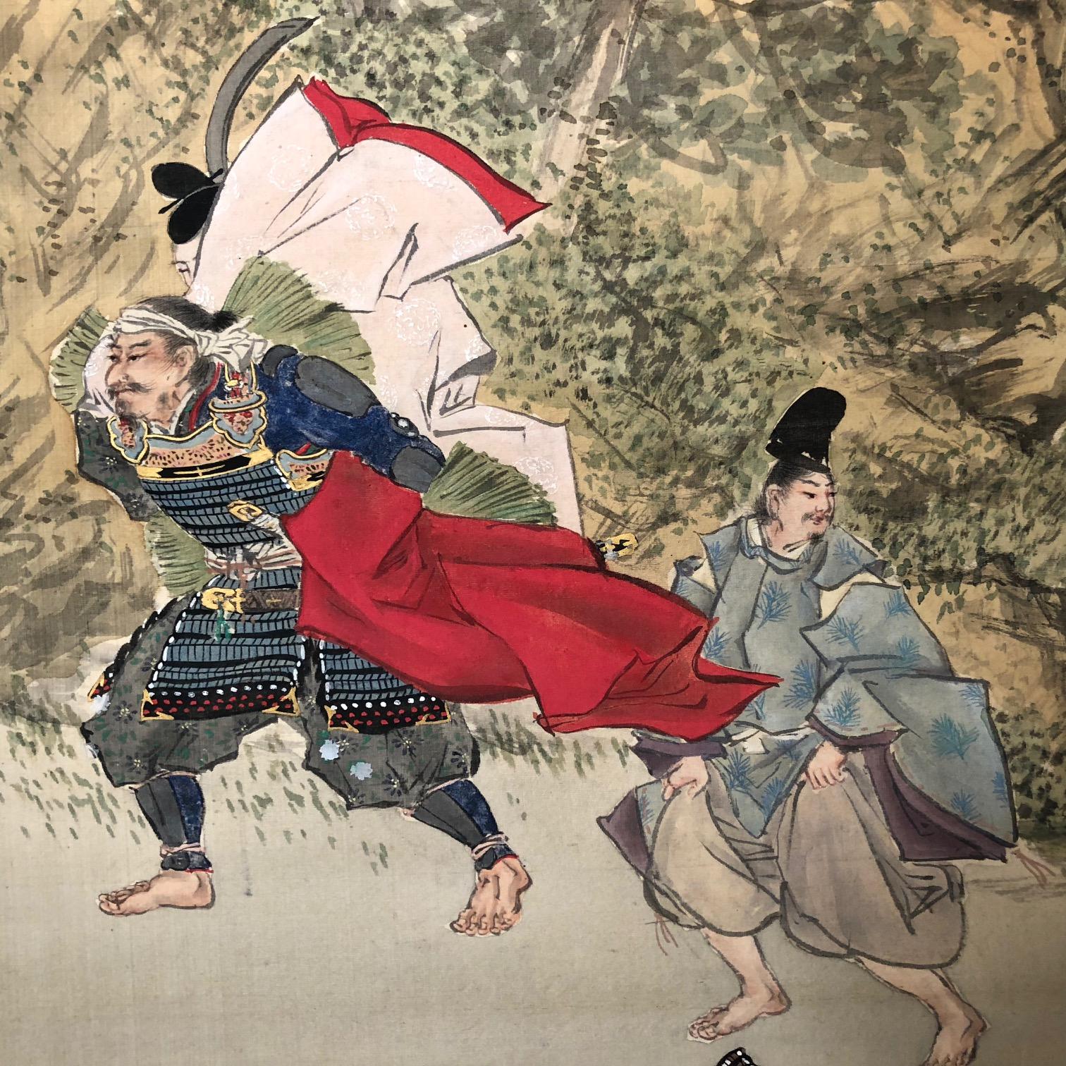 A very fine Japanese antique hand-painted silk scroll of two samurai in summer and dated 1914, Taisho period.
Hand painting in lively colors with great details. , signed.

Inscription:
sanmurai
Reifuu
Taisho 3, (1914), early summer
Bone