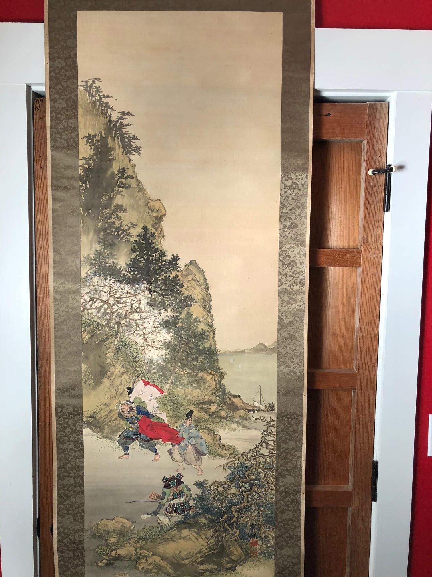 Two Samurai in Summer Japanese Antique Hand-Painted Silk Scroll, Taisho Period In Good Condition In South Burlington, VT