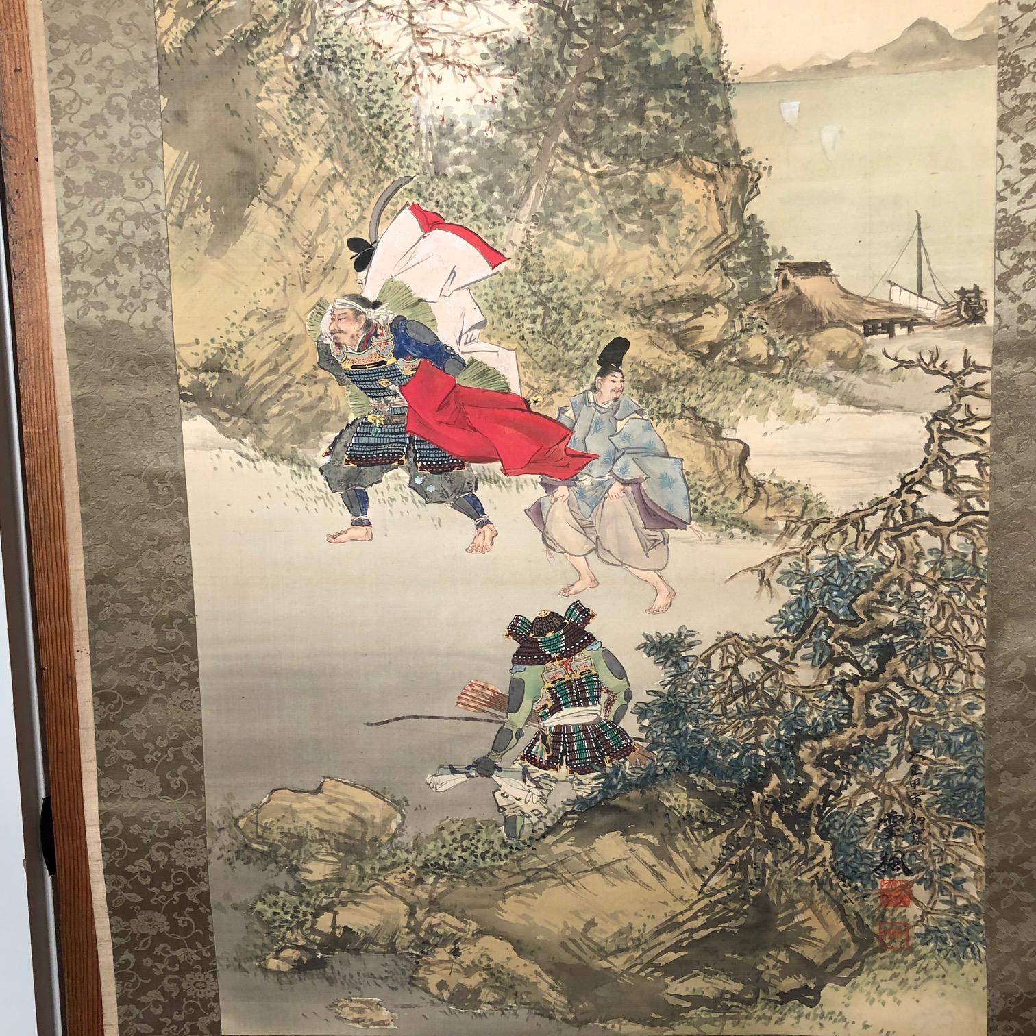 20th Century Two Samurai in Summer Japanese Antique Hand-Painted Silk Scroll, Taisho Period