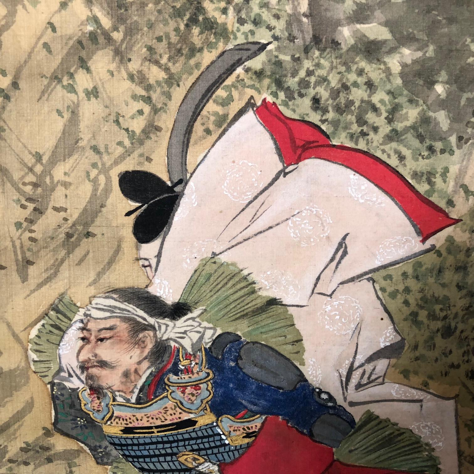 Two Samurai in Summer Japanese Antique Hand-Painted Silk Scroll, Taisho Period 2