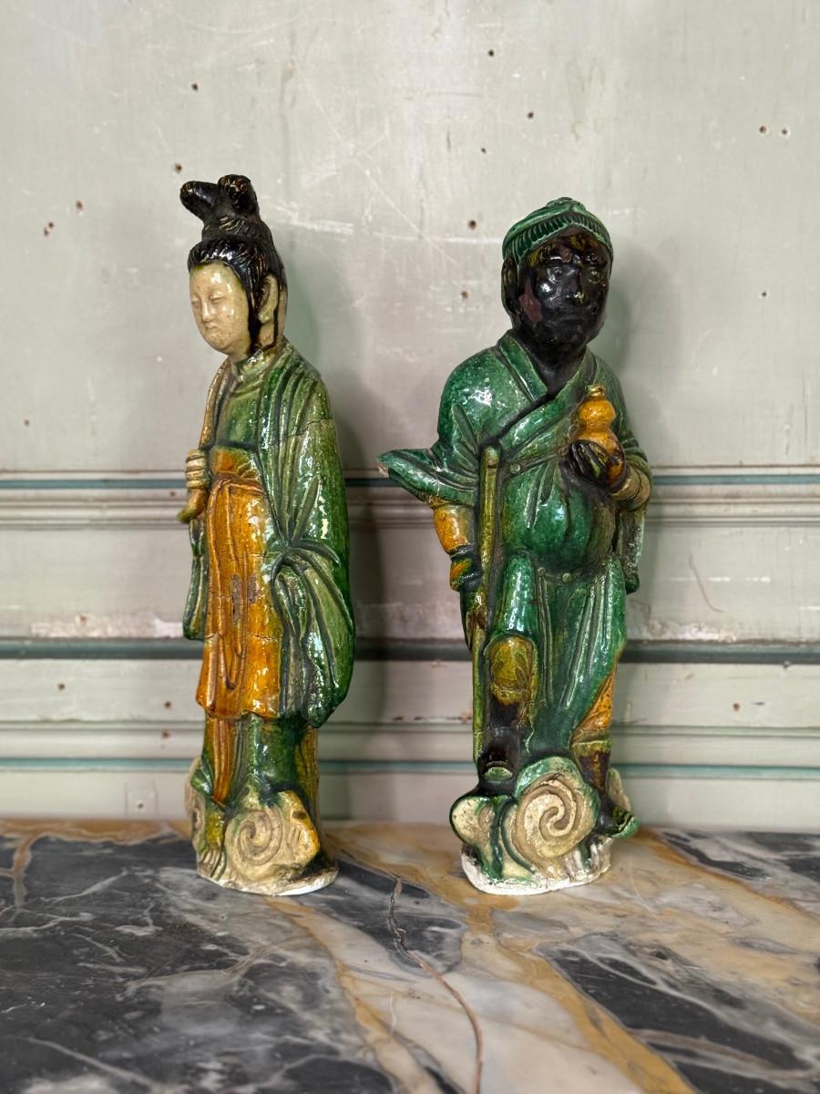 French Two Sancai terracotta immortals, ridge tiles, China, Ming dynasty For Sale