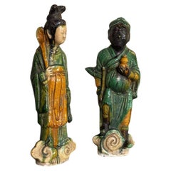 Two Sancai terracotta immortals, ridge tiles, China, Ming dynasty