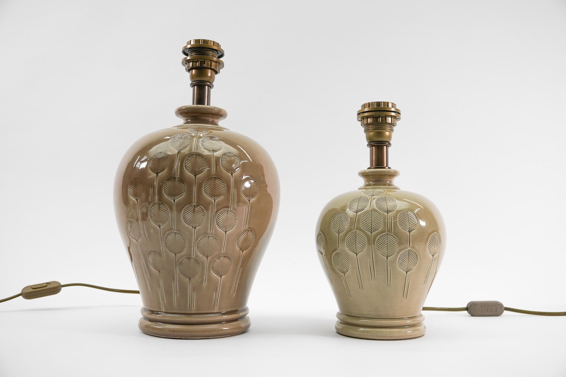 Mid-20th Century Two Scandinavian Ceramic Table Lamps with Great Leaf Pattern, 1960s For Sale