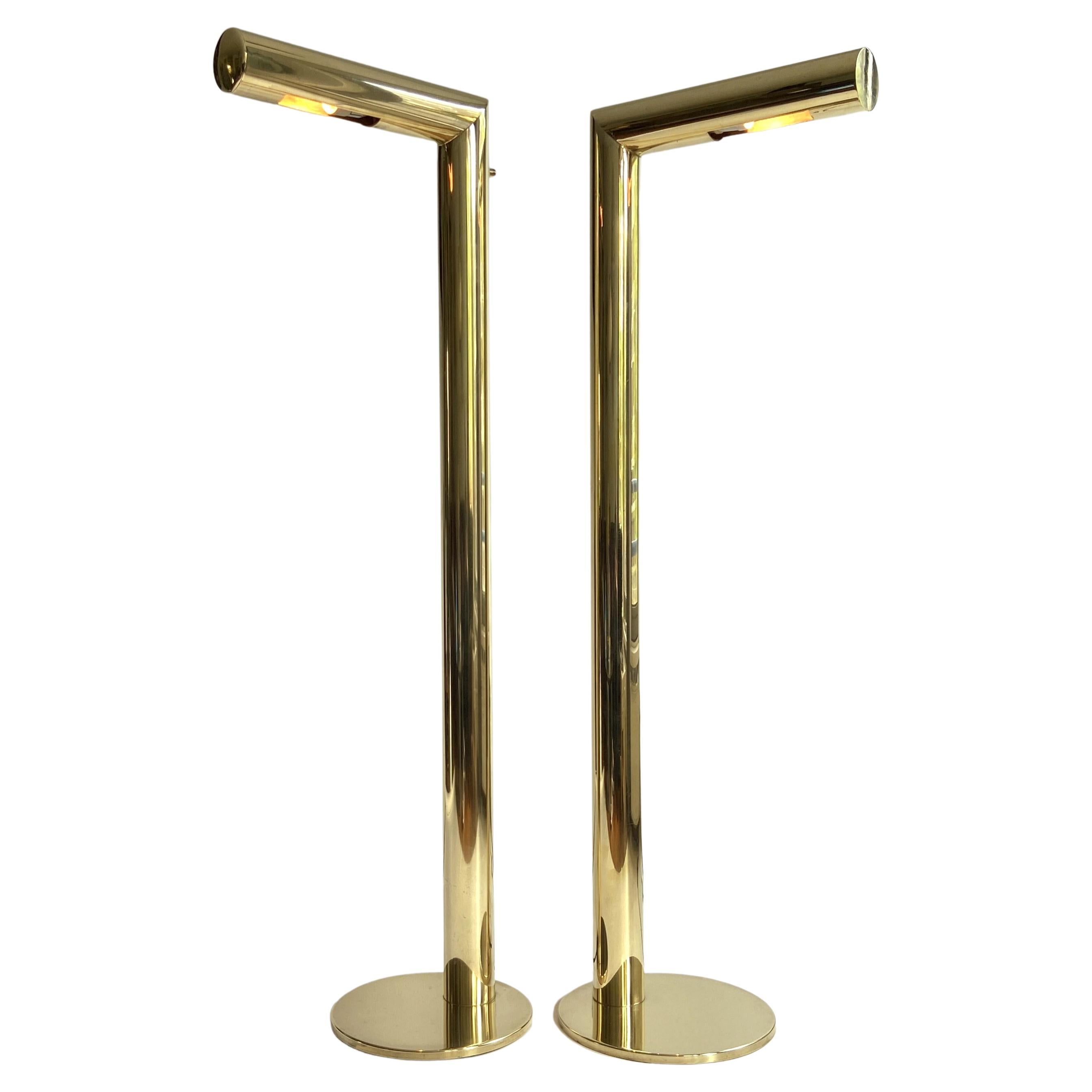 Two minimalist brass floor lamps designed by Jonas Hilde for Hovik Lys AS, Norway, circa 1980. They create downwards lighting in a fixed position, ideal for reading and atmospheric light
The lamps are a remarkable example of Norwegian post modernist